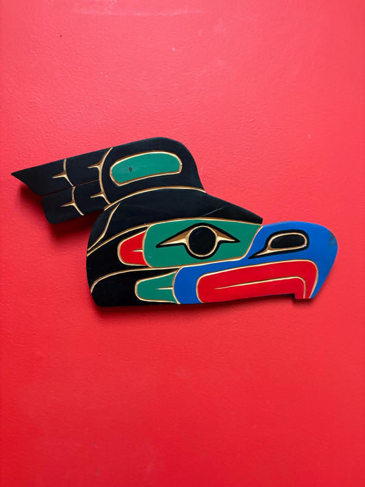 Beautiful signed indigenous first nations pacific north West Coast 14 by 7  inch polychrome painted Kolus plaque  good value