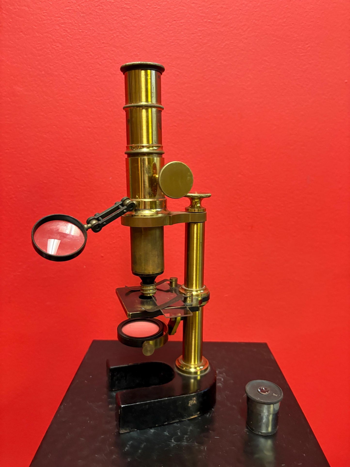 Beautiful antique 10 inch tall brass microscope with two lenses - seems to work fine in good antique condition great value