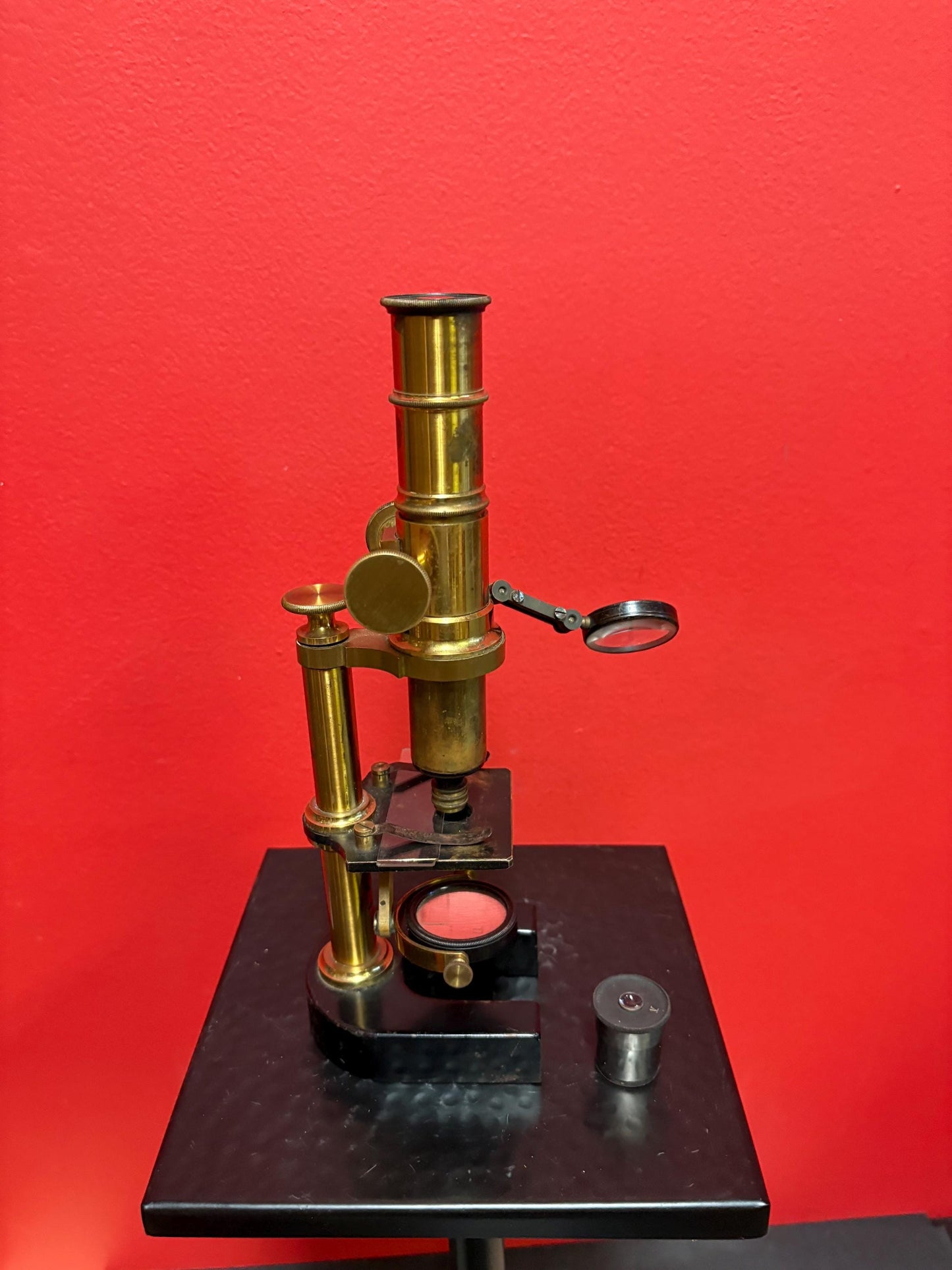 Beautiful antique 10 inch tall brass microscope with two lenses - seems to work fine in good antique condition great value