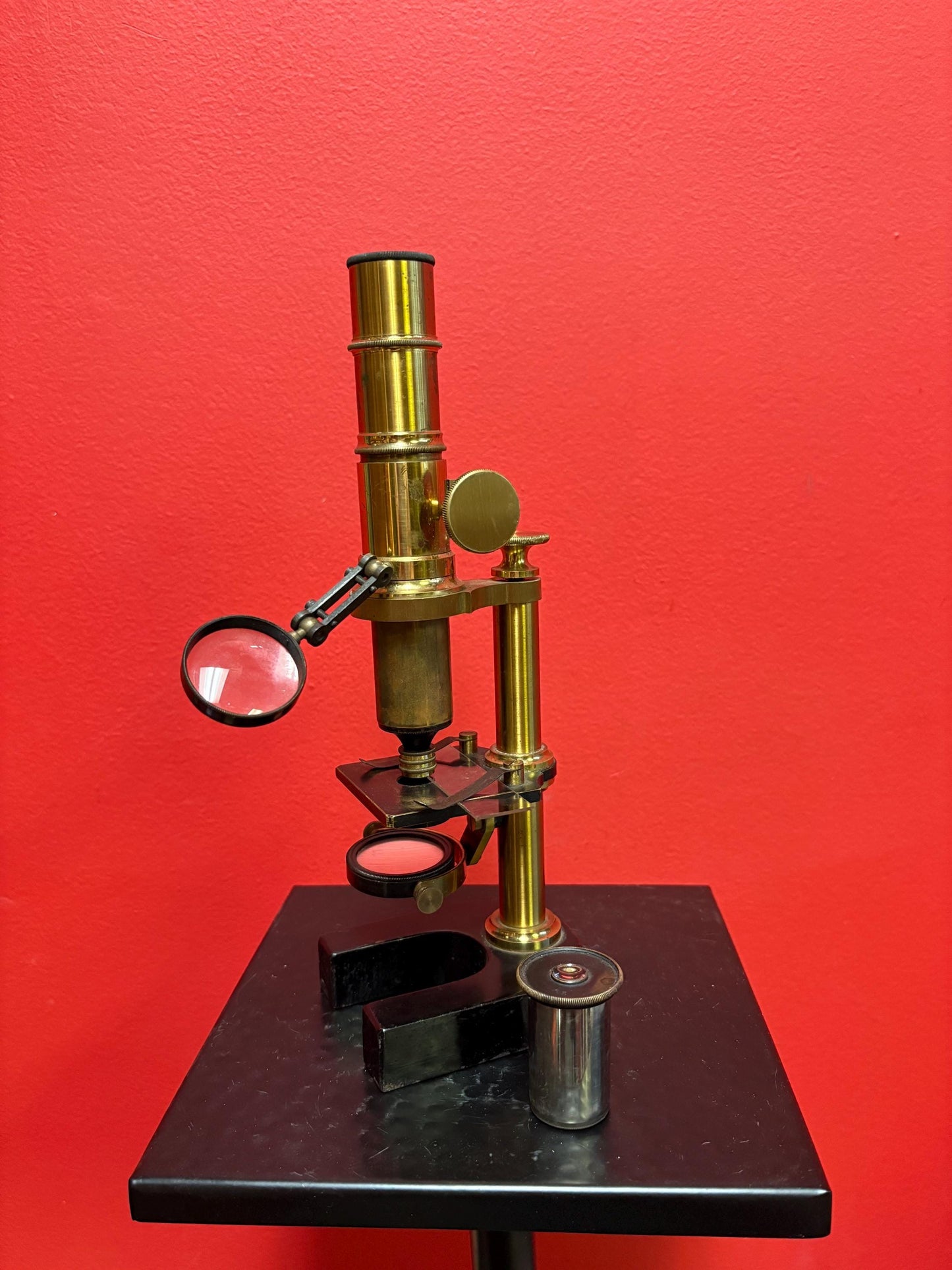 Beautiful antique 10 inch tall brass microscope with two lenses - seems to work fine in good antique condition great value