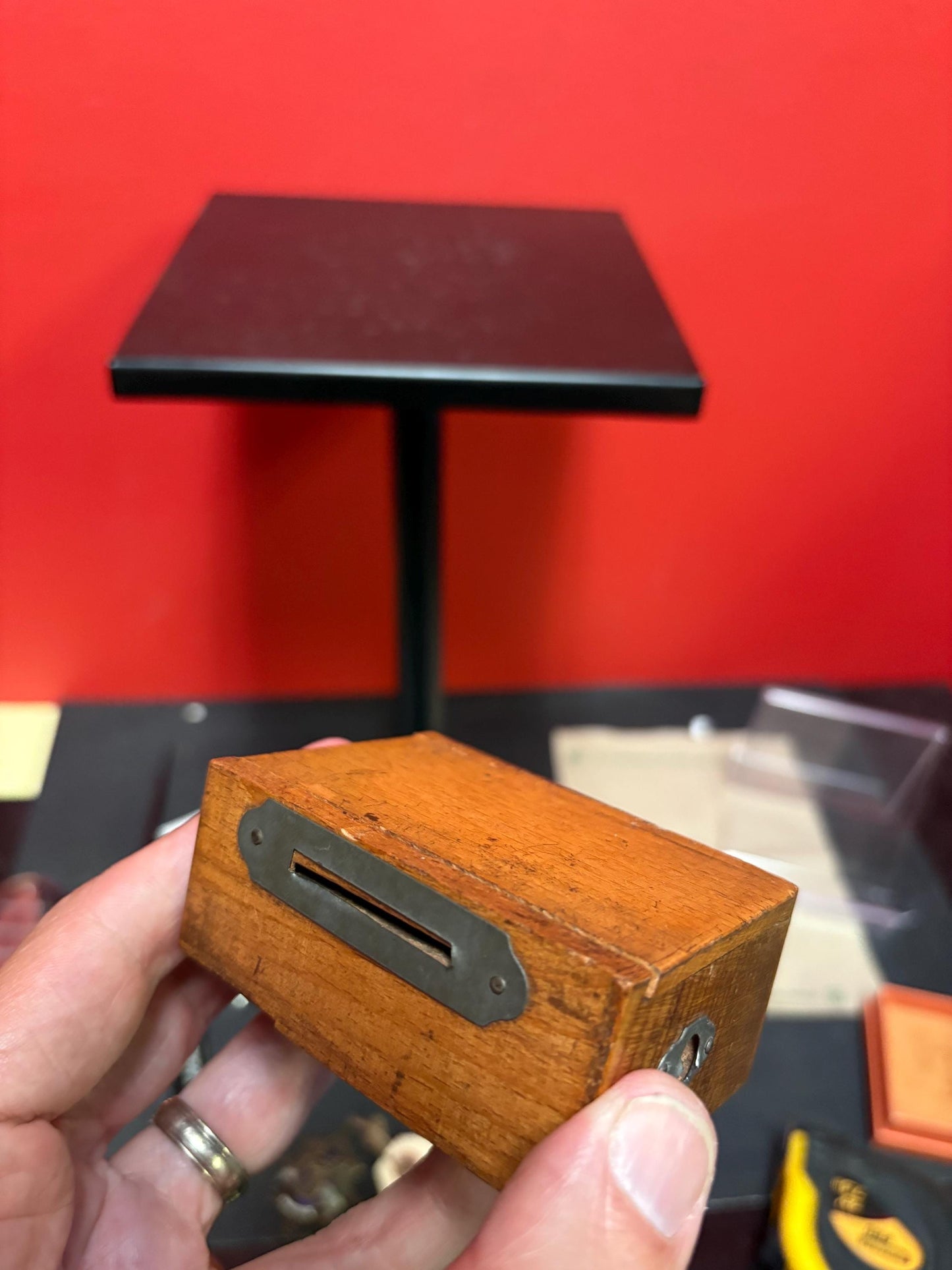 Very cool antique Piggy bank box with brass pig and original key so unusual and amazing box is 3 x 2 x 2 high