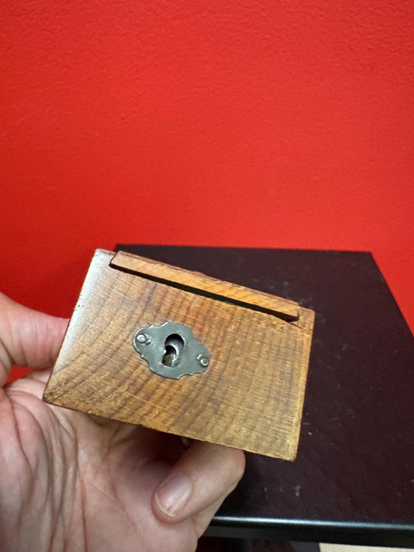 Very cool antique Piggy bank box with brass pig and original key so unusual and amazing box is 3 x 2 x 2 high