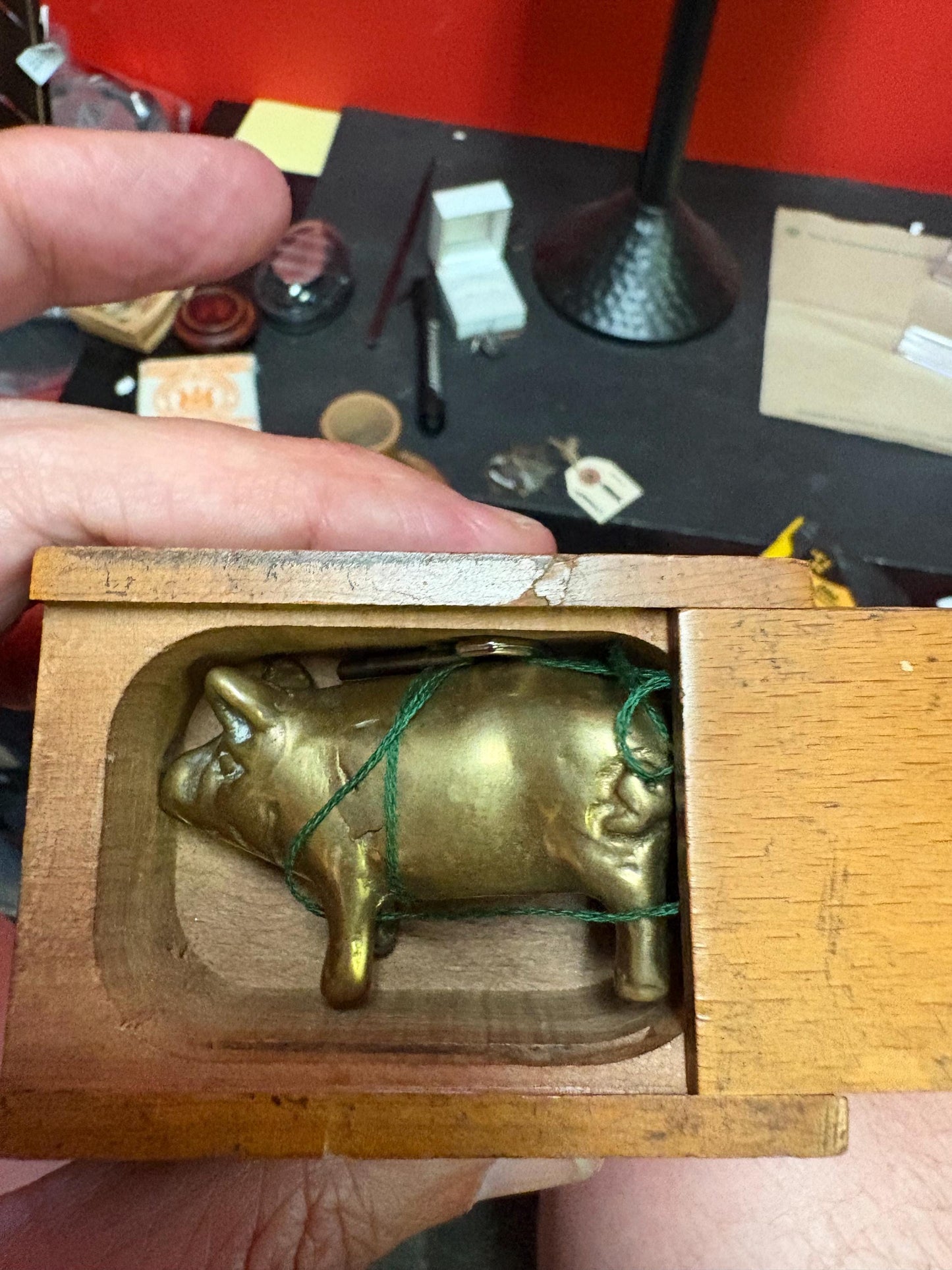 Very cool antique Piggy bank box with brass pig and original key so unusual and amazing box is 3 x 2 x 2 high