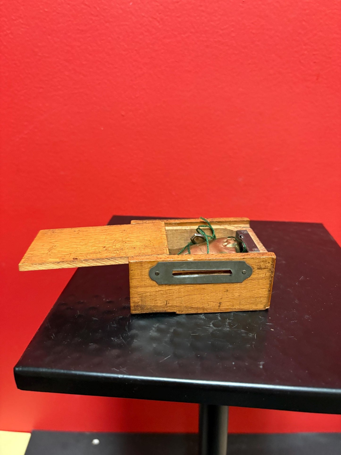 Very cool antique Piggy bank box with brass pig and original key so unusual and amazing box is 3 x 2 x 2 high