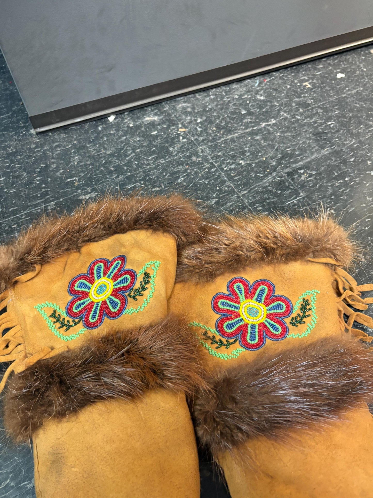 Beautiful old 15 inch long, beaded leather and fur indigenous First Nations  pacific north West Coast gloves  amazing condition