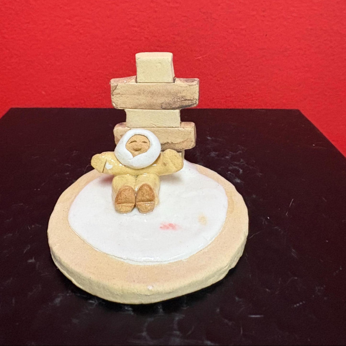 Beautiful Canadian indigenous Inuit signed clay statue of Eskimo and Inukshuk handmade  approx 3  high  perfect condition  great gift