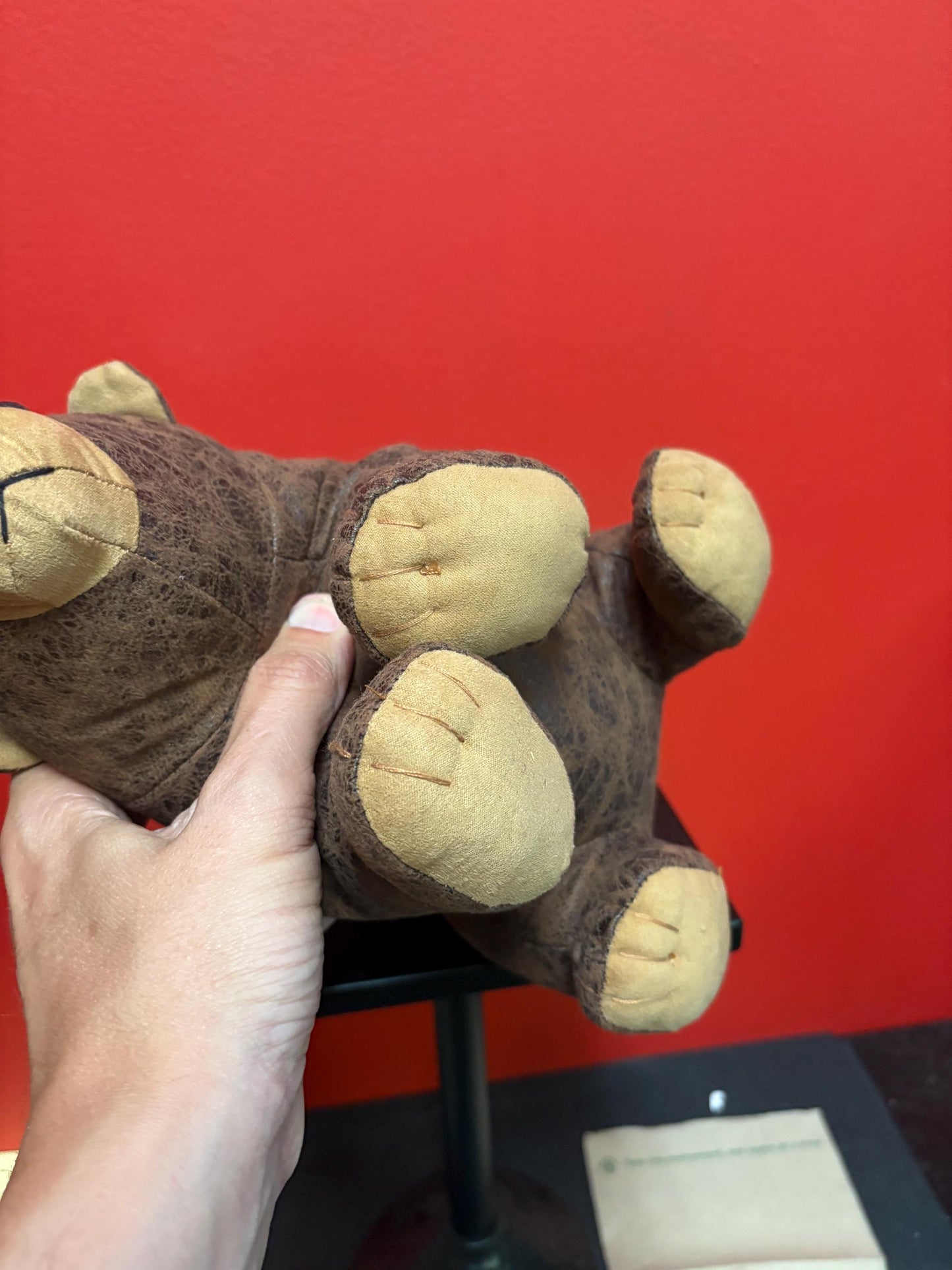 Beautiful Canadian leather 11 x 8 high stuffed bear wonderful quality and perfect gift