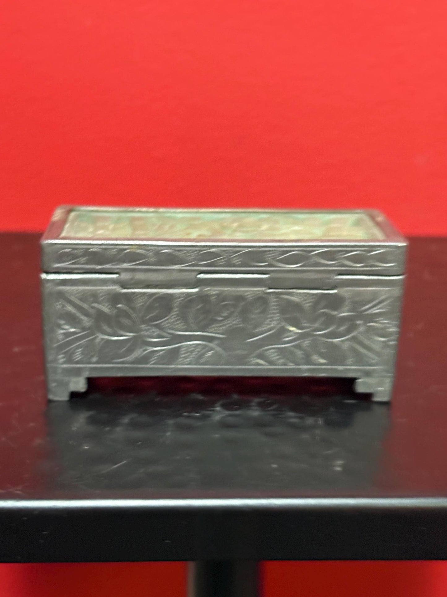 Beautiful old Chinese Jade and pewter stamp box 3 by 1.5 x 1.5 high lovely condition and great price perfect gift wow