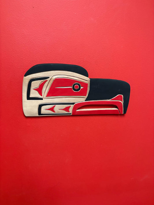 Beautiful signed 16 x 7 inch cedar killer whale plaque  indigenous first nation pacific north West Coast  beauty - RS