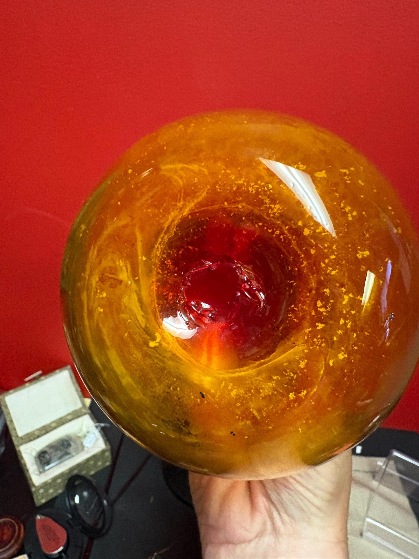 Beautiful vintage 9 inch tall blenko glass decanter red amber colours mint condition