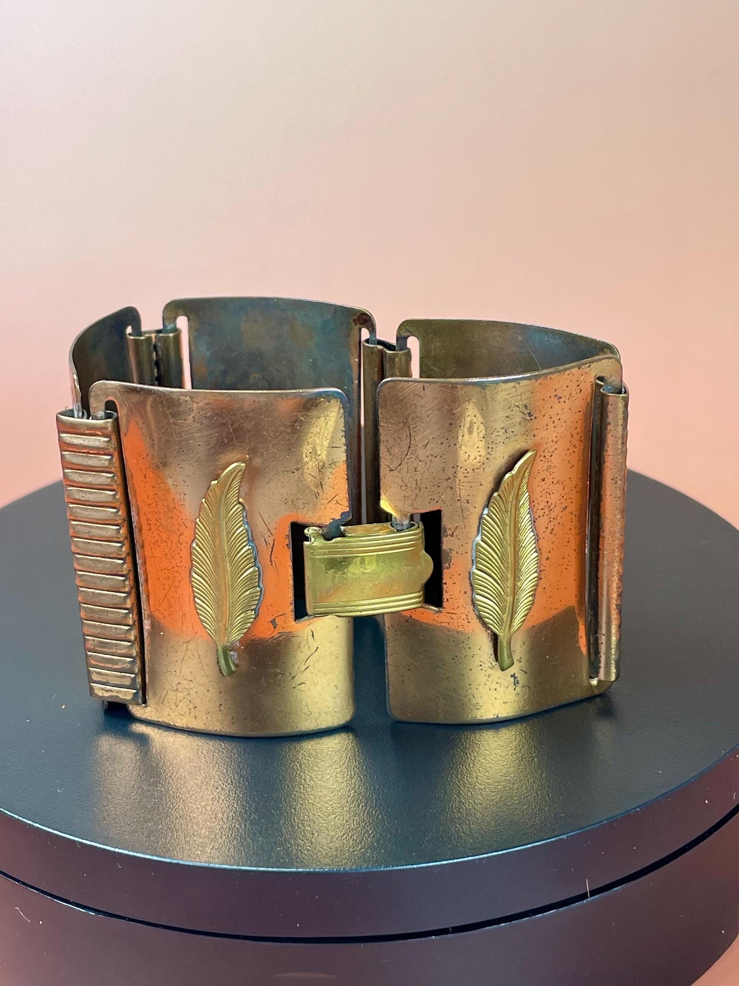Wide Metal Link Bracelet with Feather Imagery so cool