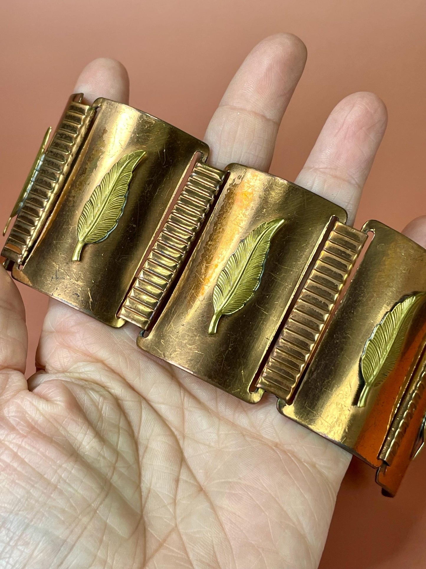 Wide Metal Link Bracelet with Feather Imagery so cool