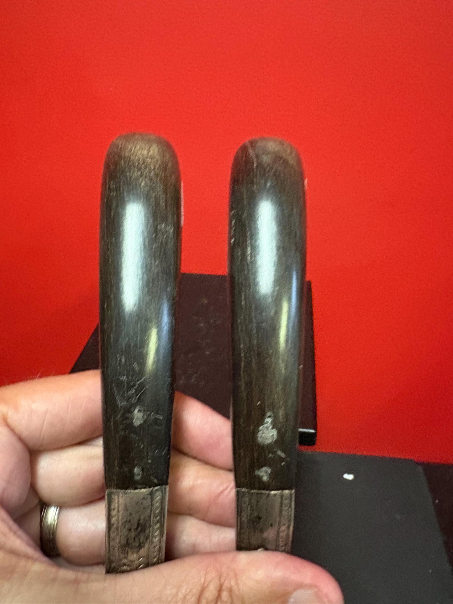 Lovely Persian horn and silver plate  salad servers  little damage on handle  11 and 12 inches long