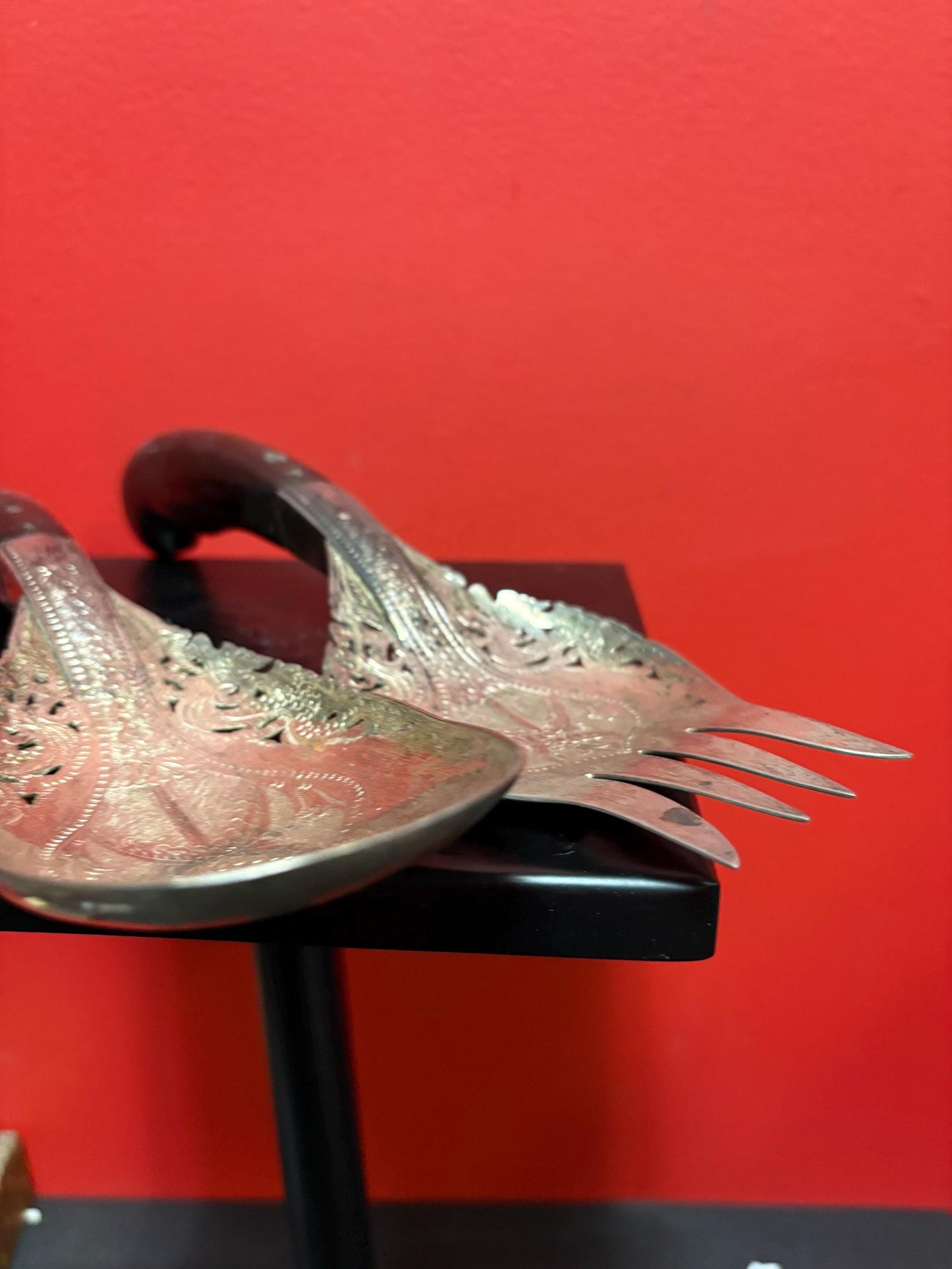 Lovely Persian horn and silver plate  salad servers  little damage on handle  11 and 12 inches long