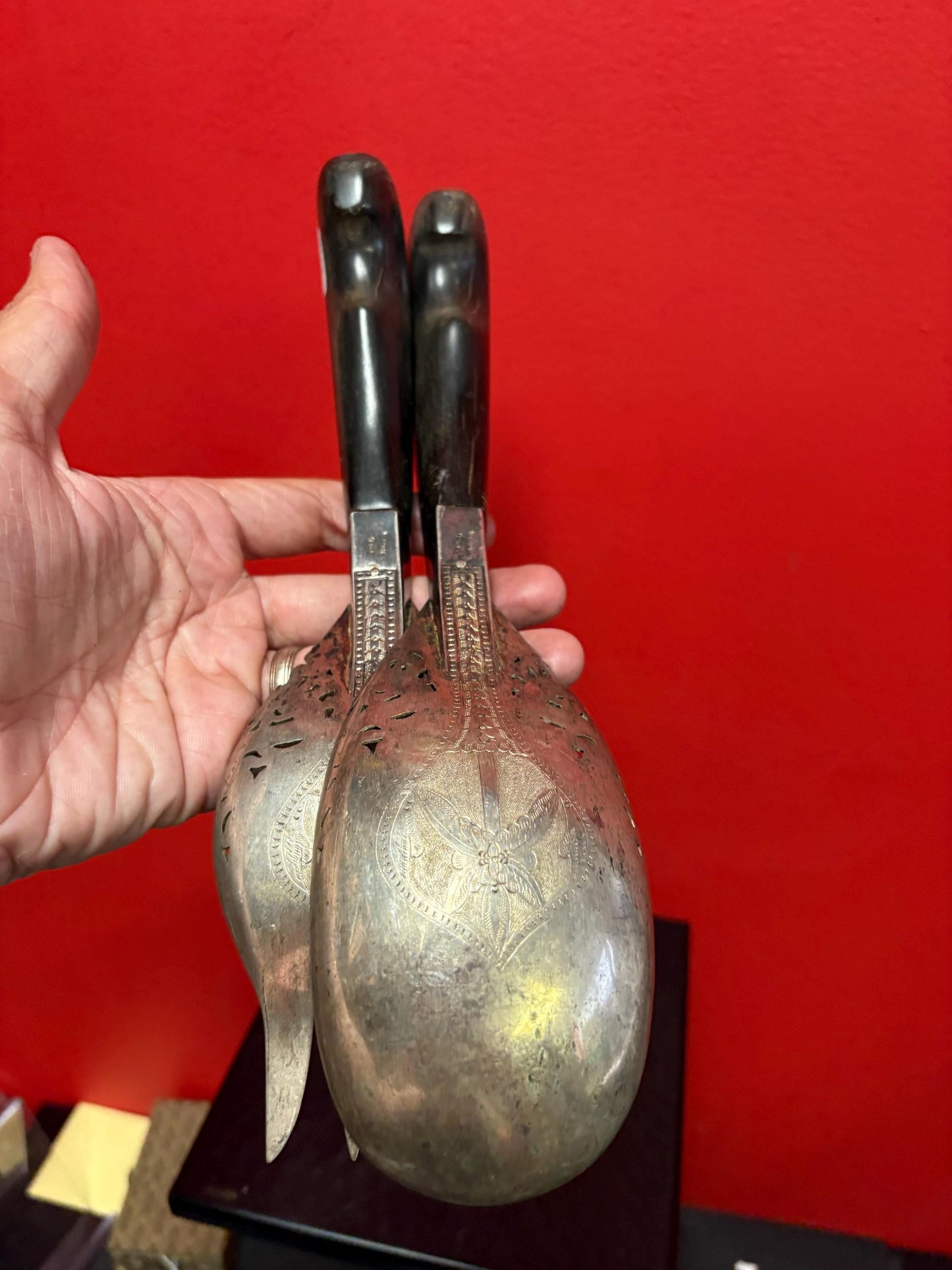 Lovely Persian horn and silver plate  salad servers  little damage on handle  11 and 12 inches long