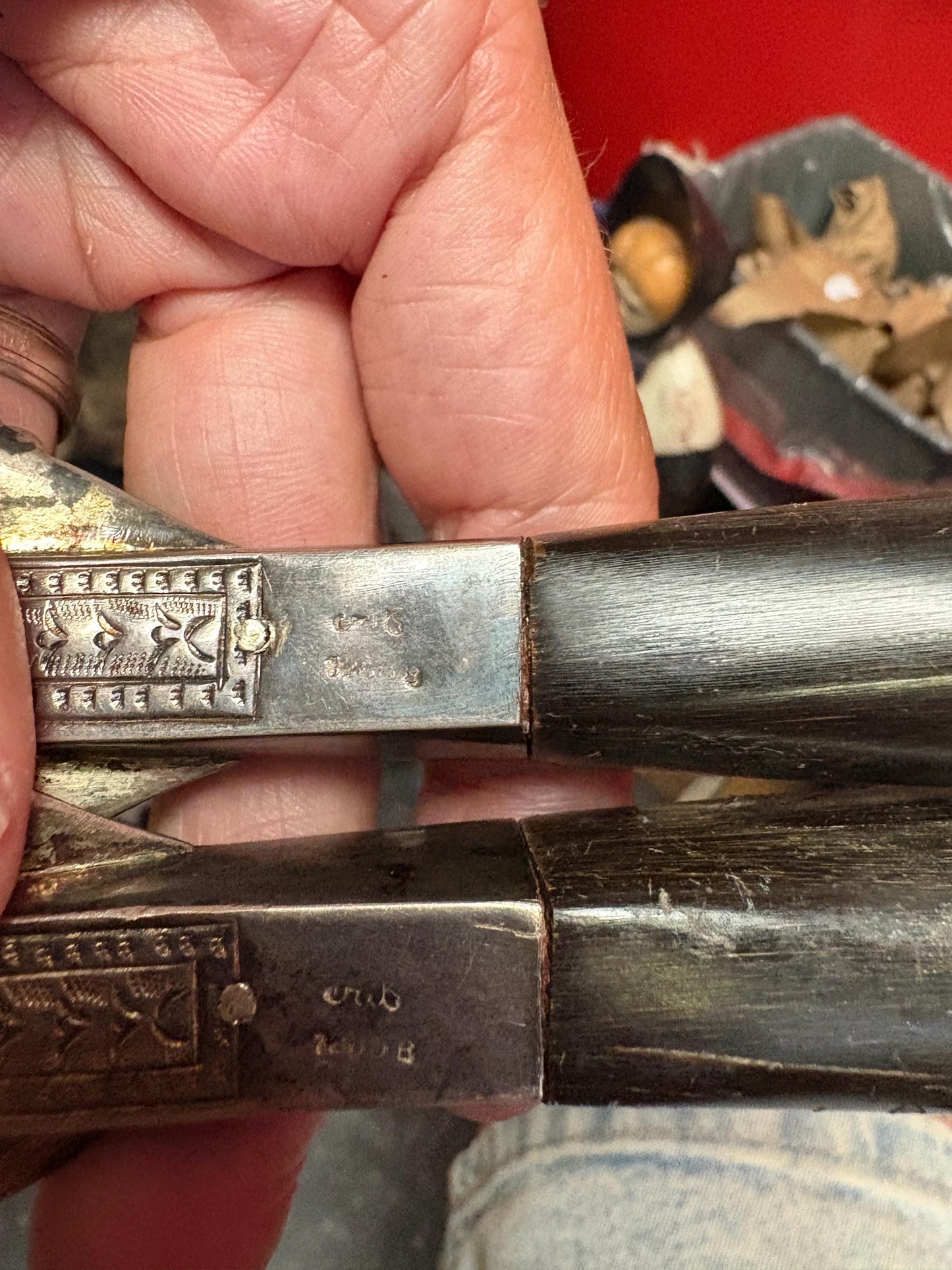 Lovely Persian horn and silver plate  salad servers  little damage on handle  11 and 12 inches long