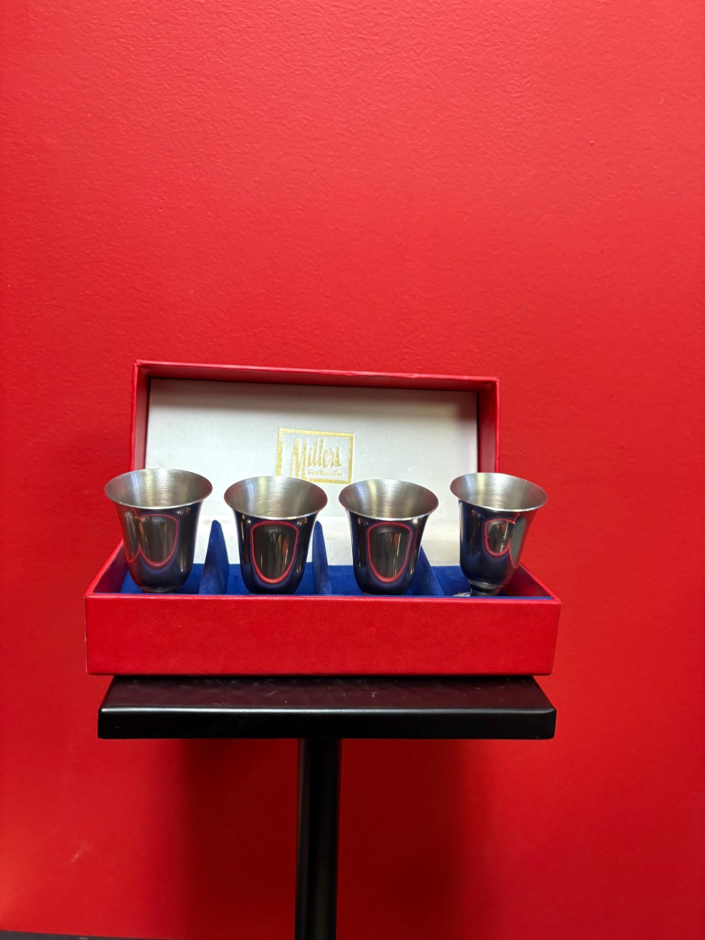 Beautiful set of four pewter wine goblets in presentation box lovely gift 3 inches tall