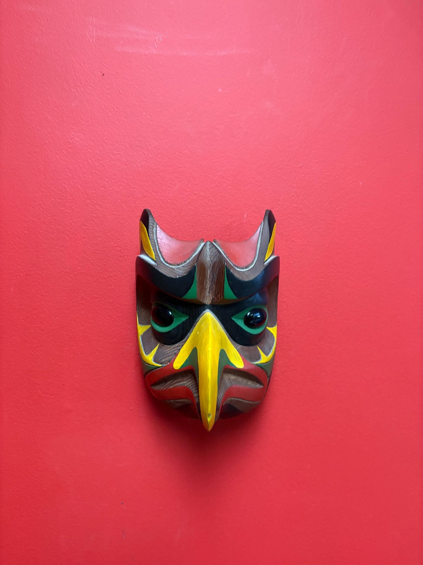 Stunning 7 x 6 wide signed Earl lace polychrome painted owl wisdom mask with glass eyes indigenous first nations pacific north West Coast
