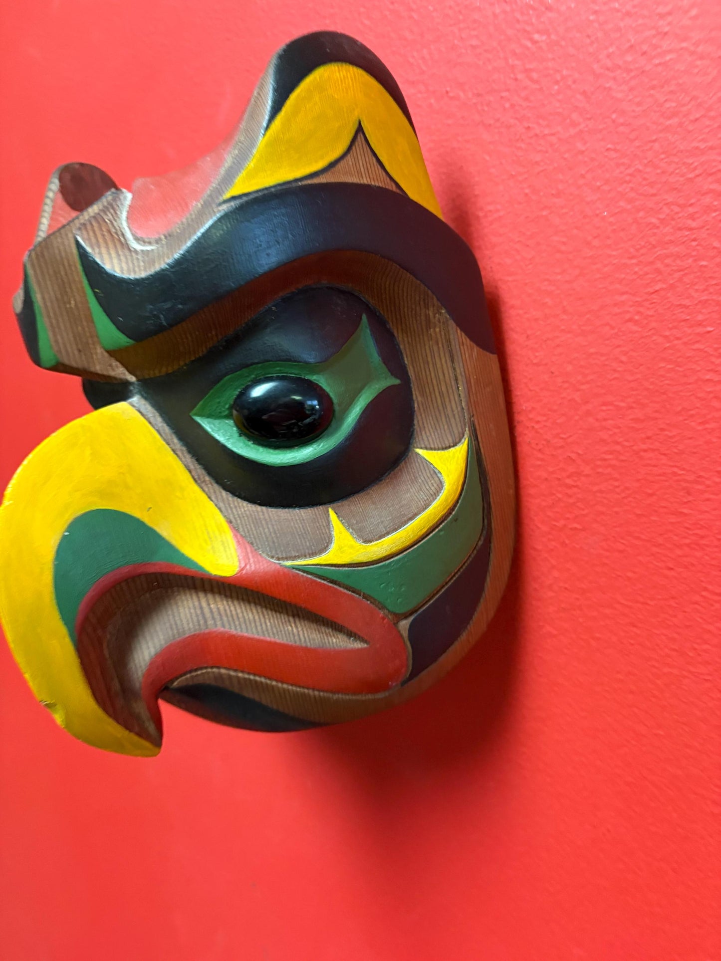 Stunning 7 x 6 wide signed Earl lace polychrome painted owl wisdom mask with glass eyes indigenous first nations pacific north West Coast