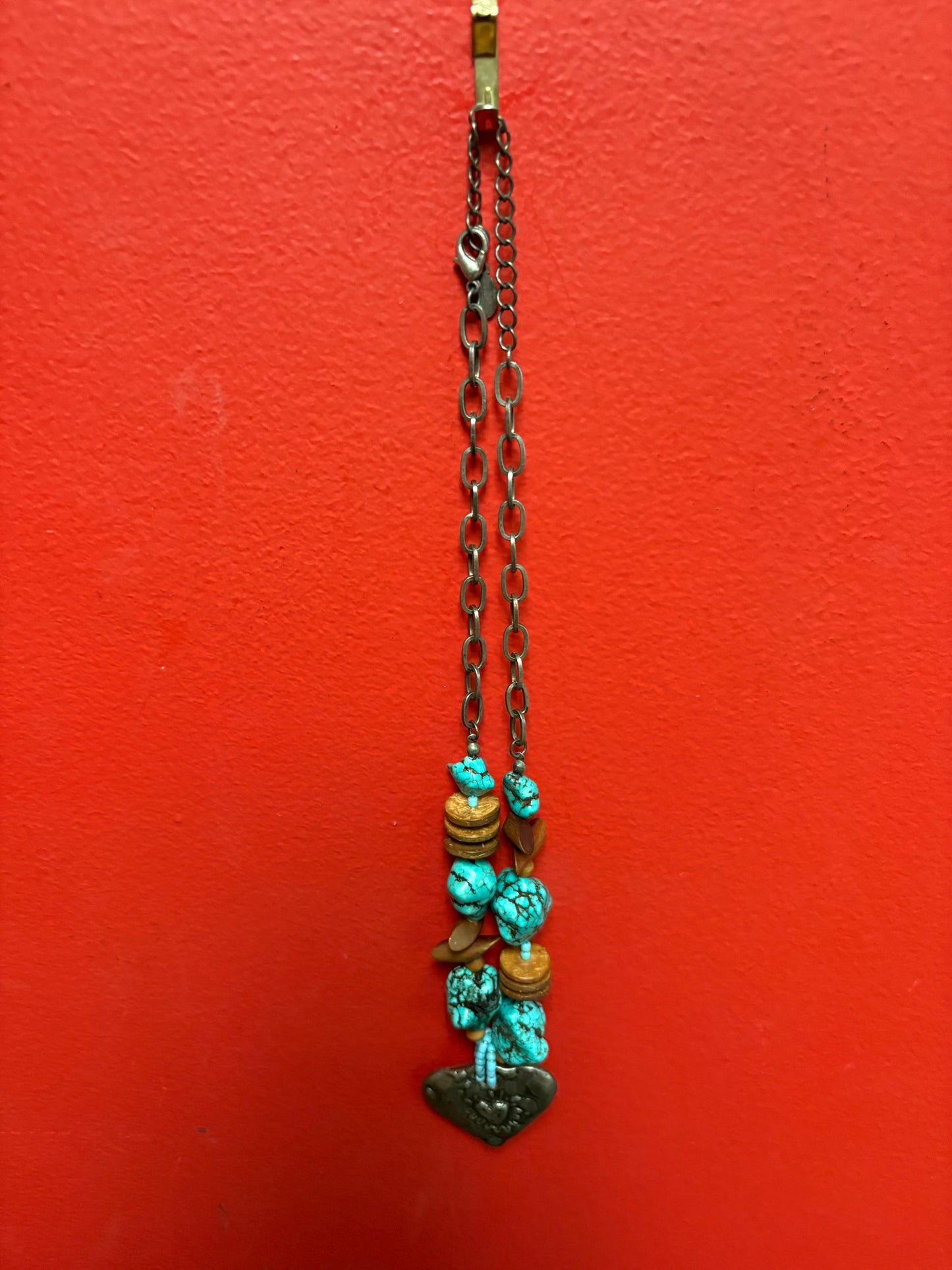 Lovely approximately 20 inch long Navajo style turquoise necklace with silver heart pendant unique and perfect gift