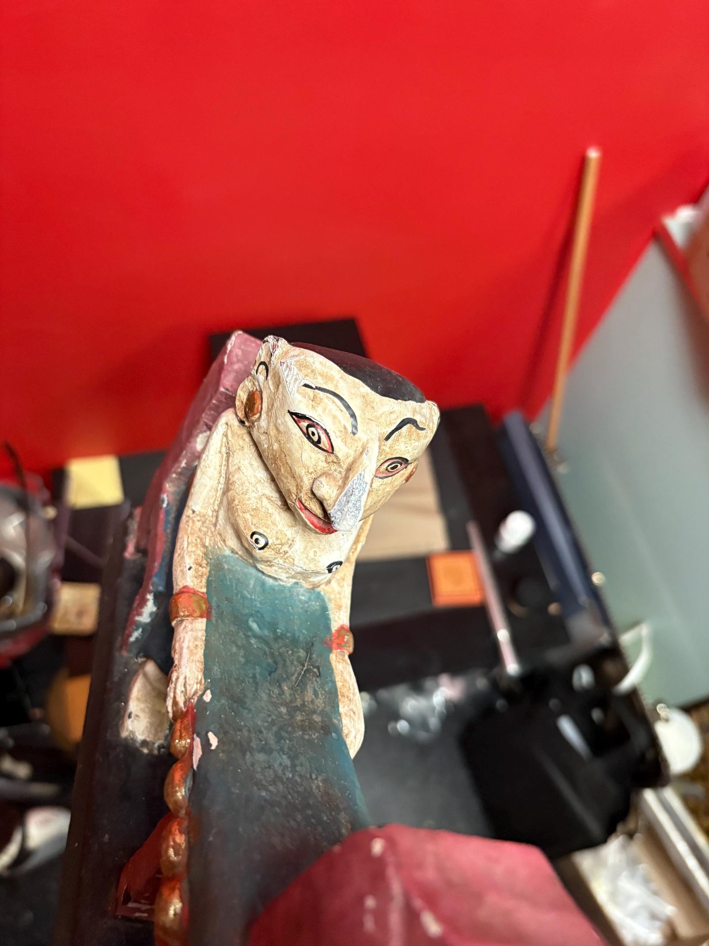 Fabulous 16 x 7 high antique polychrome painted southeast Asian statue great patina and colour wow decoration