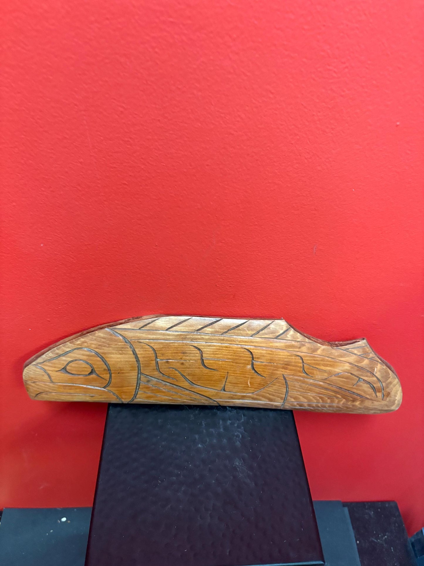 Lovely indigenous first nation Pacific north West Coast signed Steve Sylvester 15 x 4 cedar salmon   needs hanger and great value
