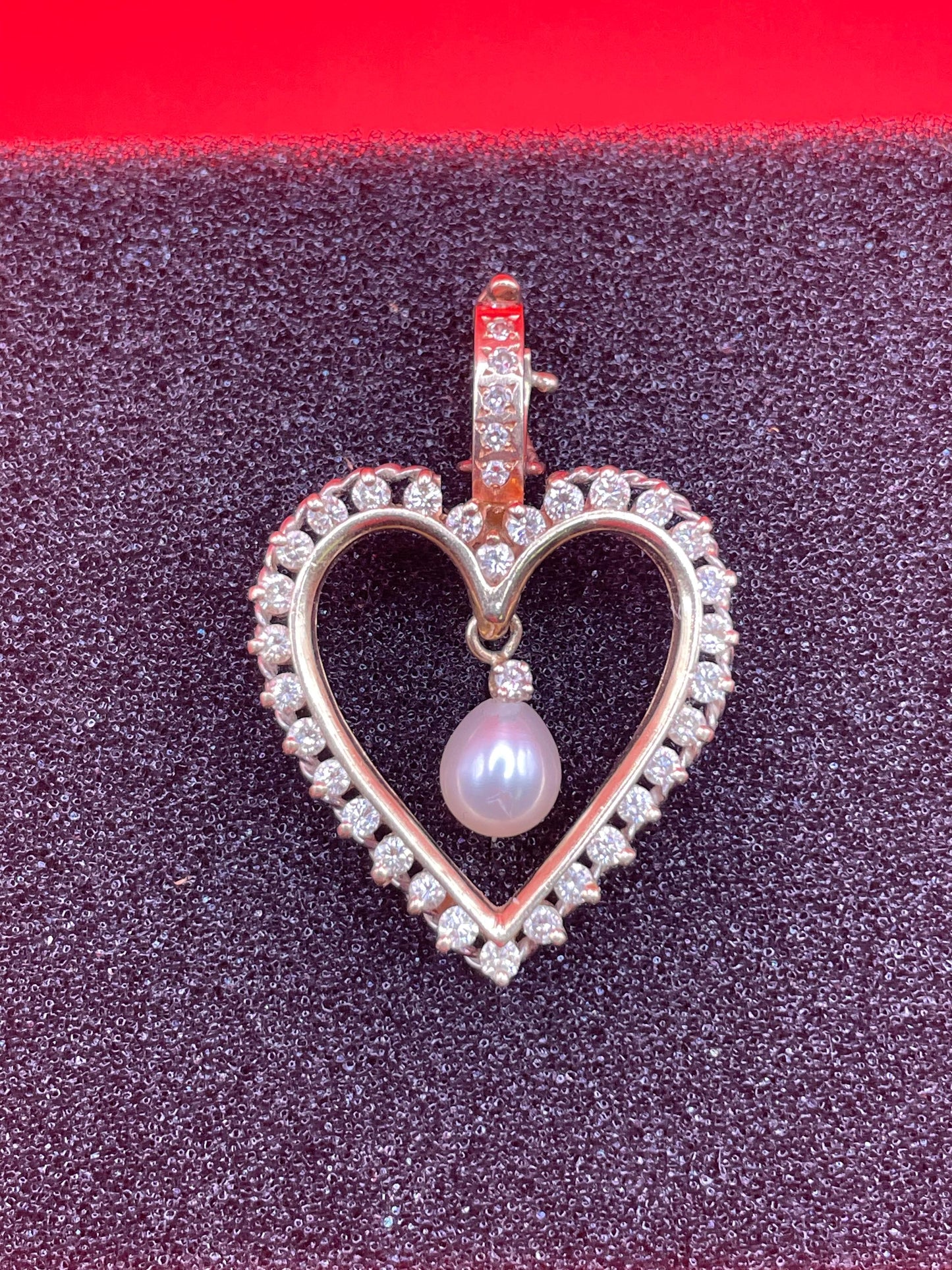 1.5 inch long 14 and 18k Gold, Diamond and pearl Heart pendant great condition - B