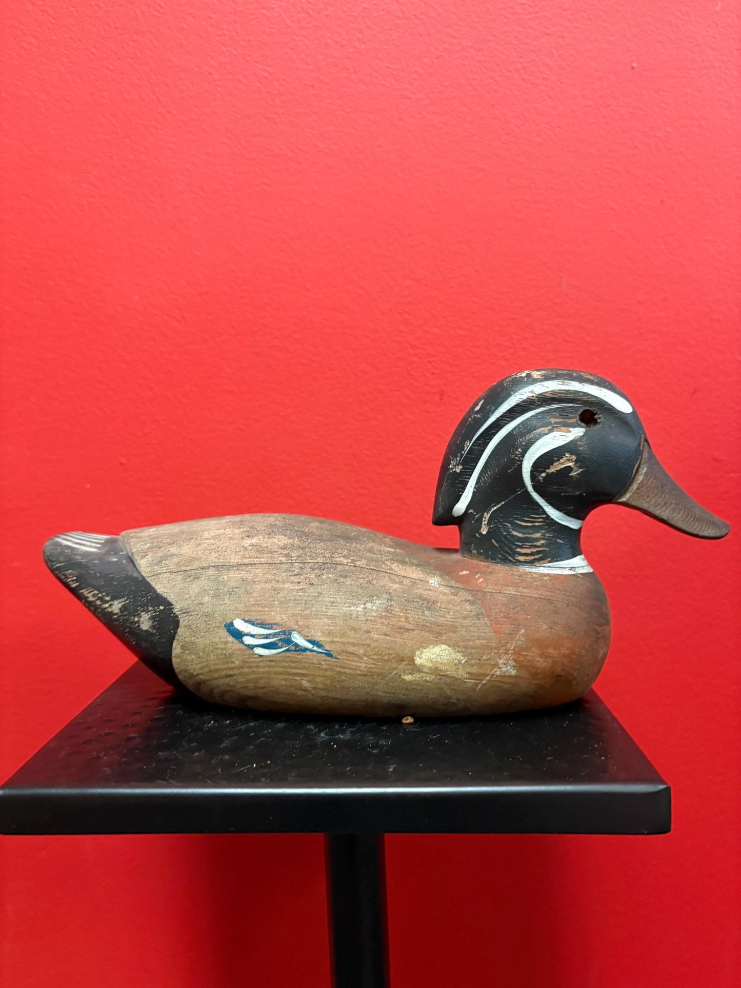Beautiful antique 11 inch long Canadian wood duck decoy statue with great Patina