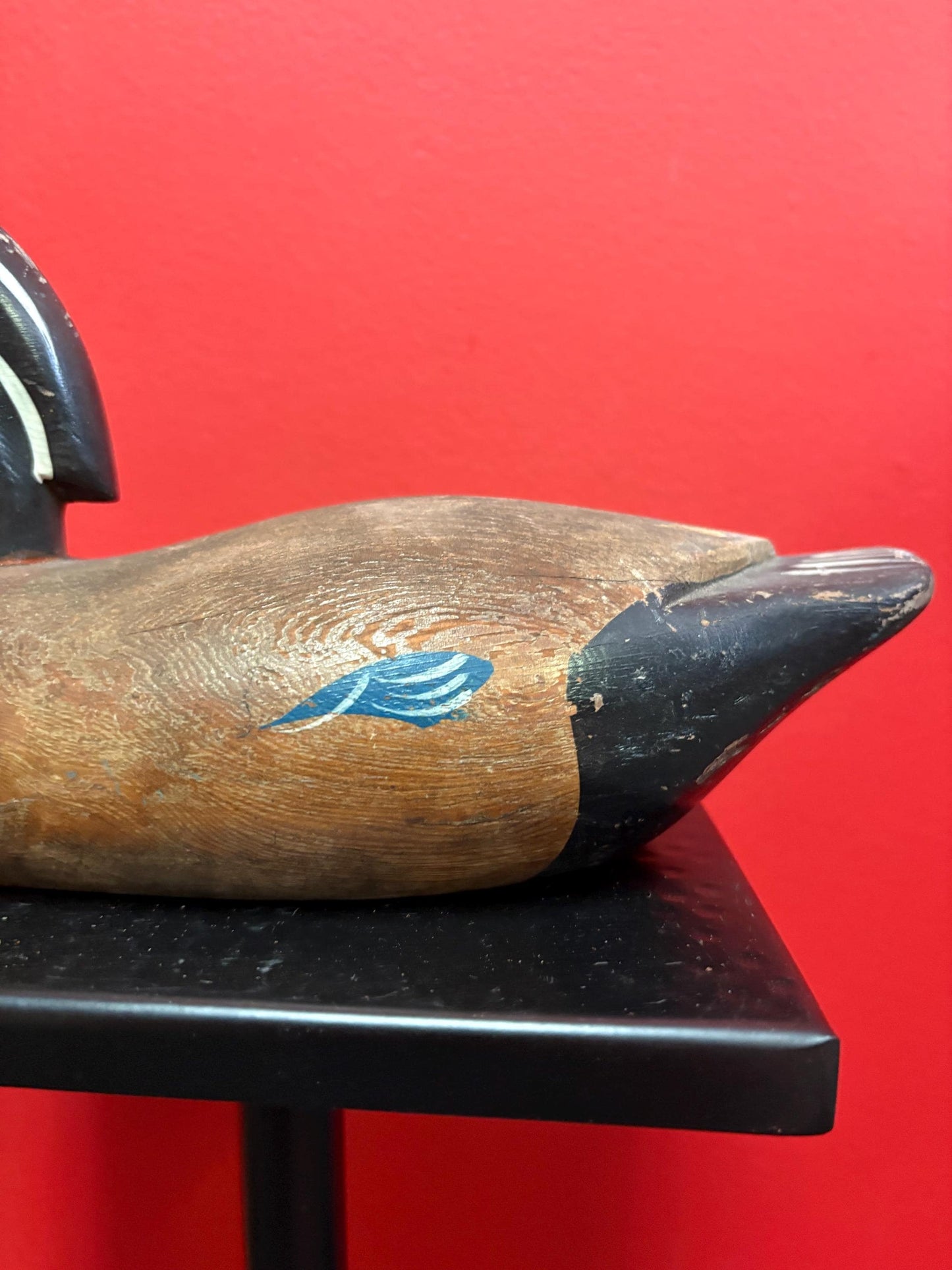 Beautiful antique 11 inch long Canadian wood duck decoy statue with great Patina