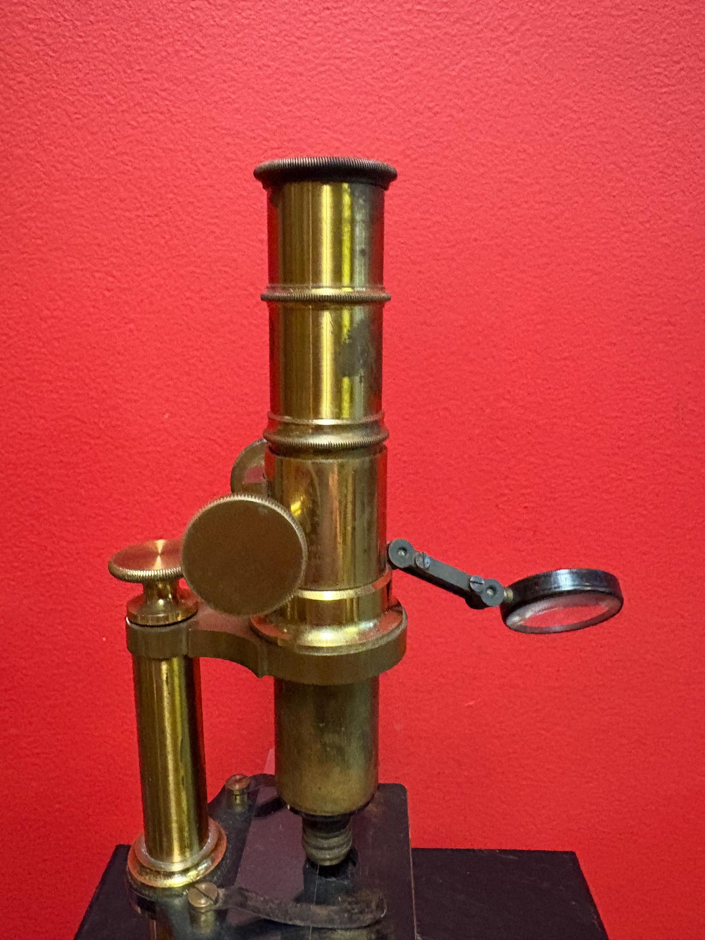 Beautiful antique 10 inch tall brass microscope with two lenses - seems to work fine in good antique condition great value