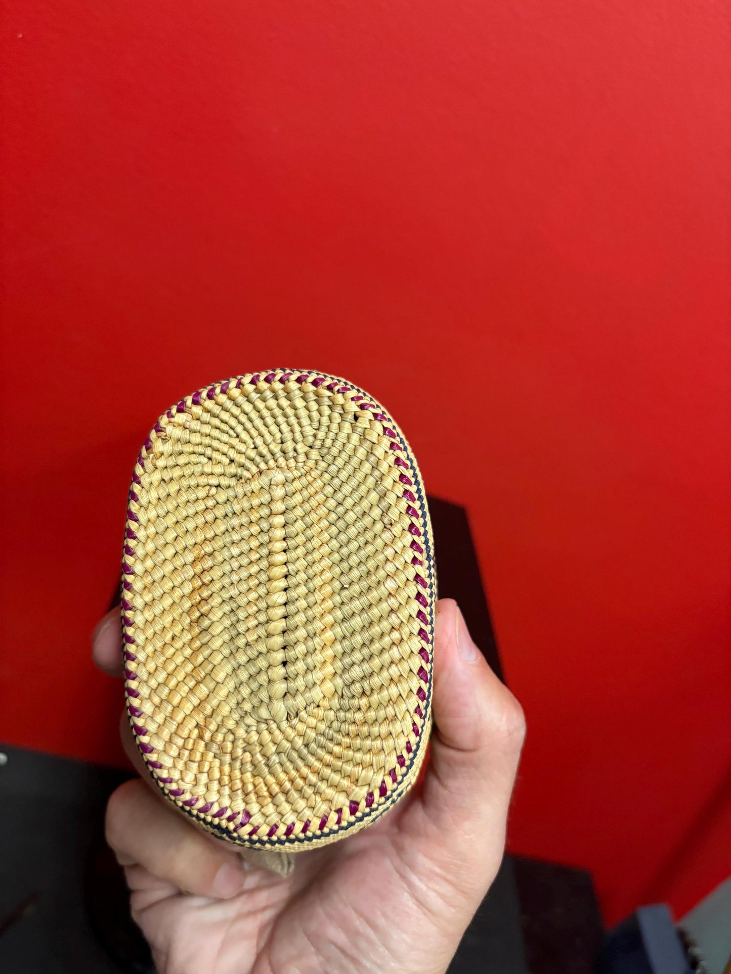 Fabulous 5 1/2 x 3 1/2 x 2 high indigenous first nations coast Salish lidded basket  pristine condition  wow