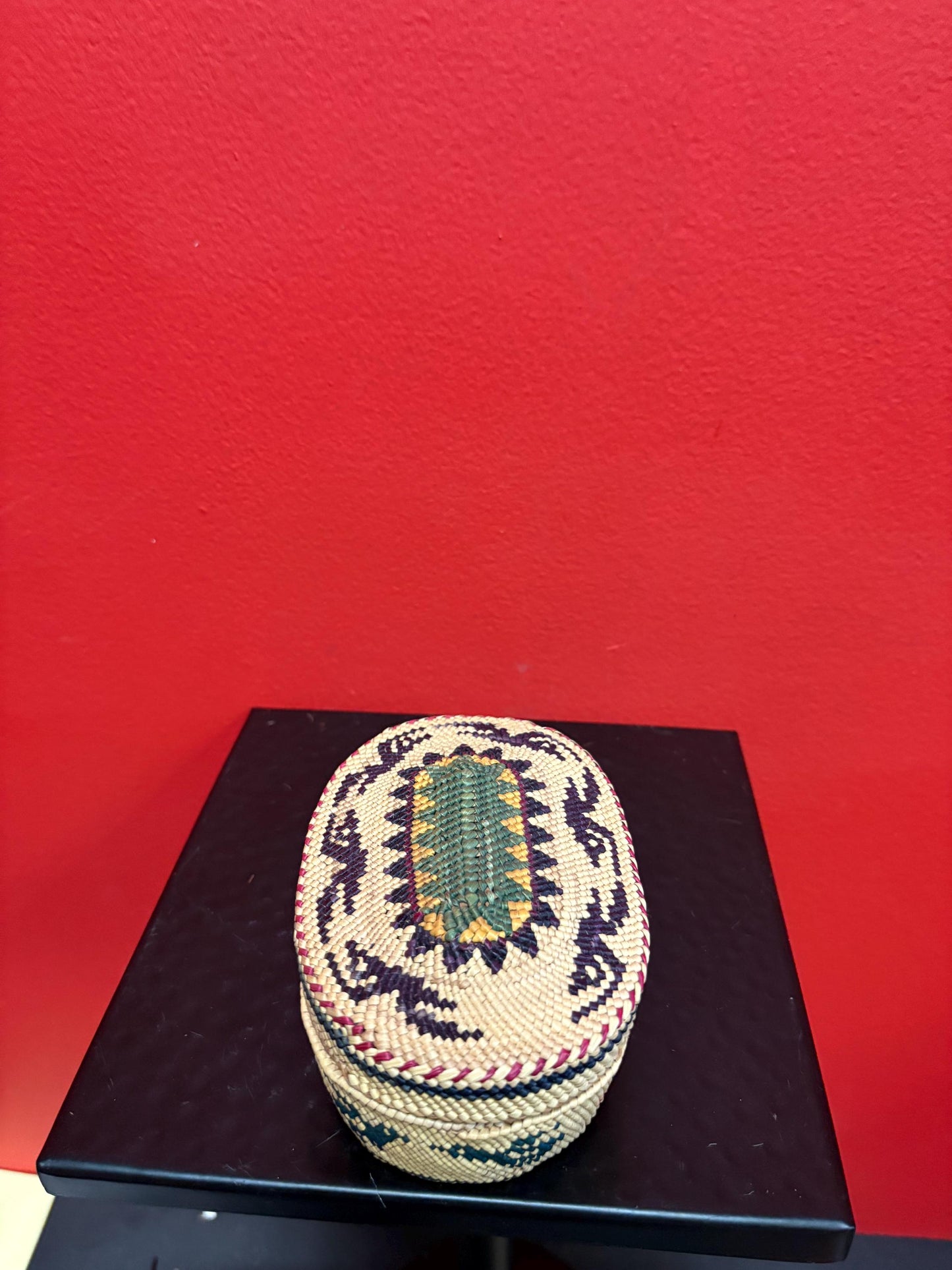 Fabulous 5 1/2 x 3 1/2 x 2 high indigenous first nations coast Salish lidded basket  pristine condition  wow