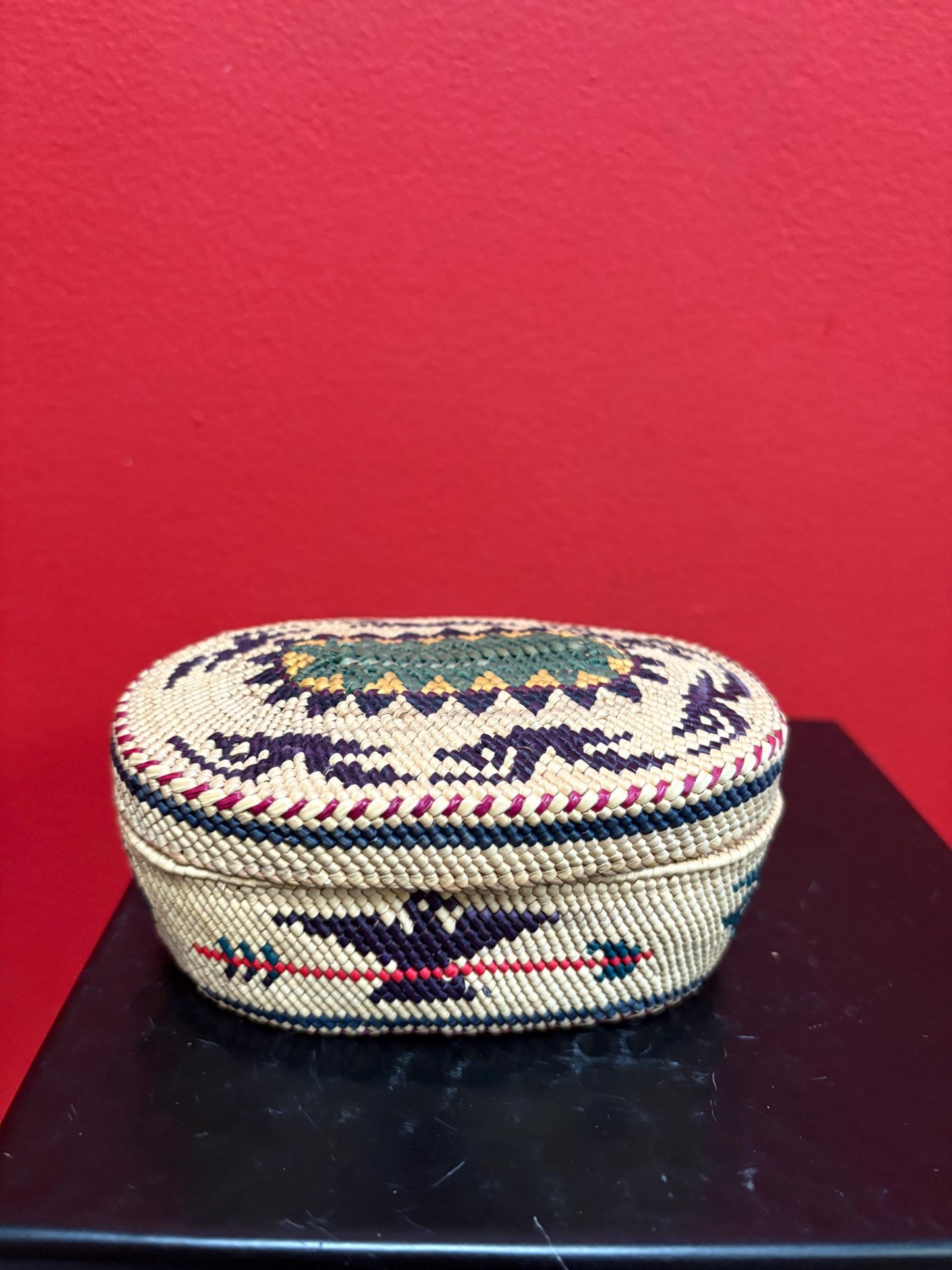 Fabulous 5 1/2 x 3 1/2 x 2 high indigenous first nations coast Salish lidded basket  pristine condition  wow