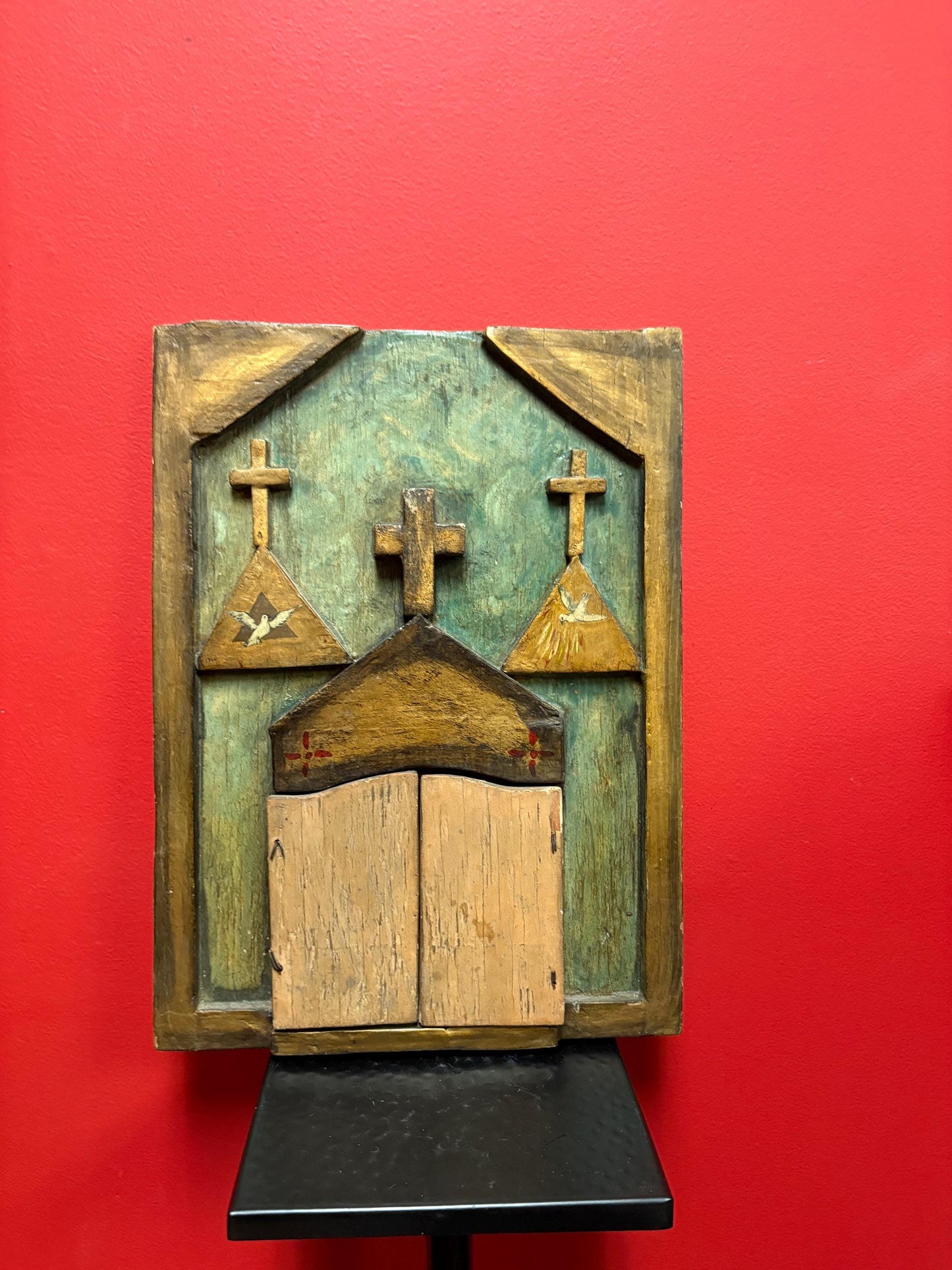Fabulous antique 18th century 16 x 11 inch wide folk art style Russian icon very unusual design and wonderful imagery can hang