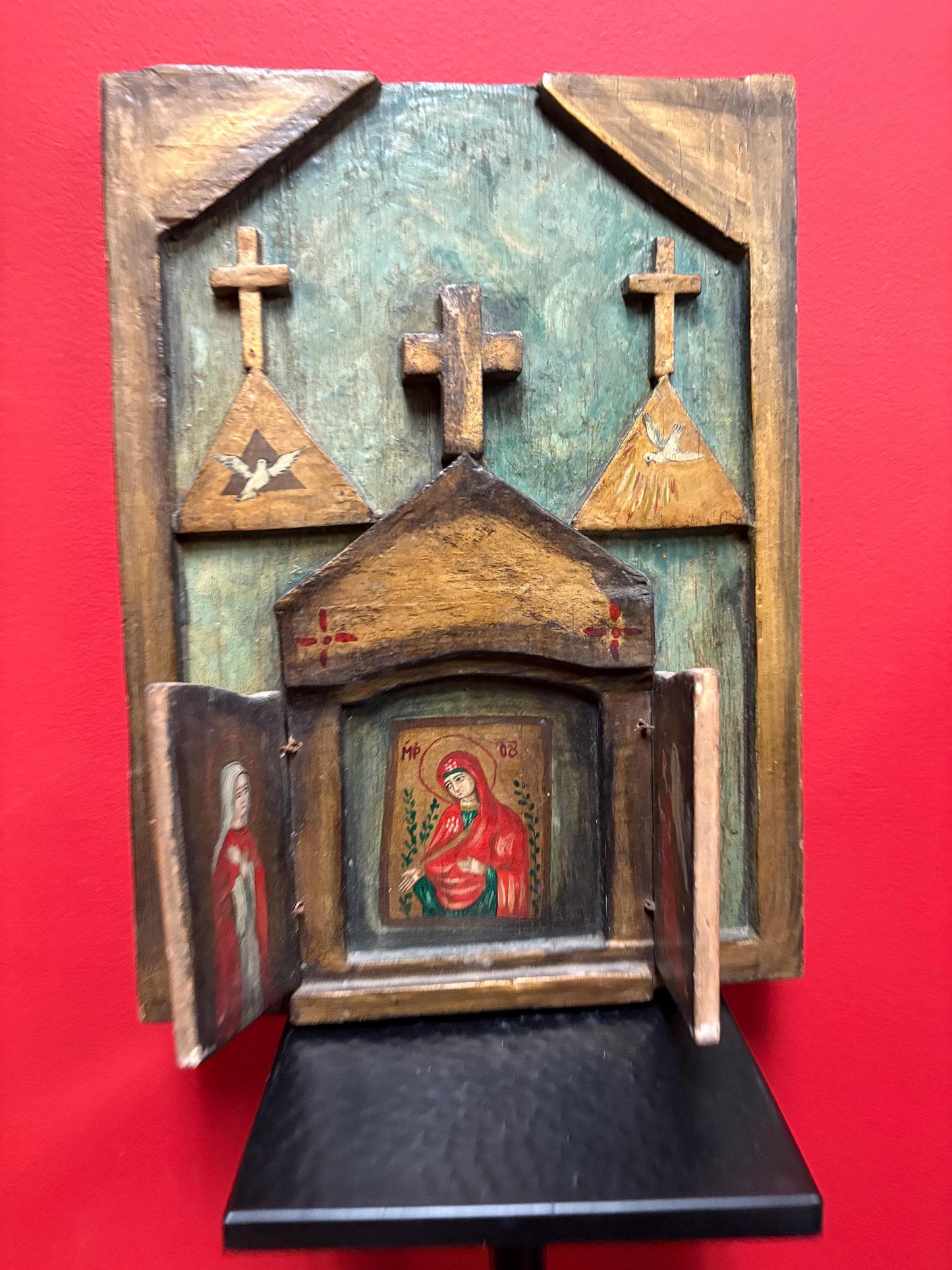 Fabulous antique 18th century 16 x 11 inch wide folk art style Russian icon very unusual design and wonderful imagery can hang