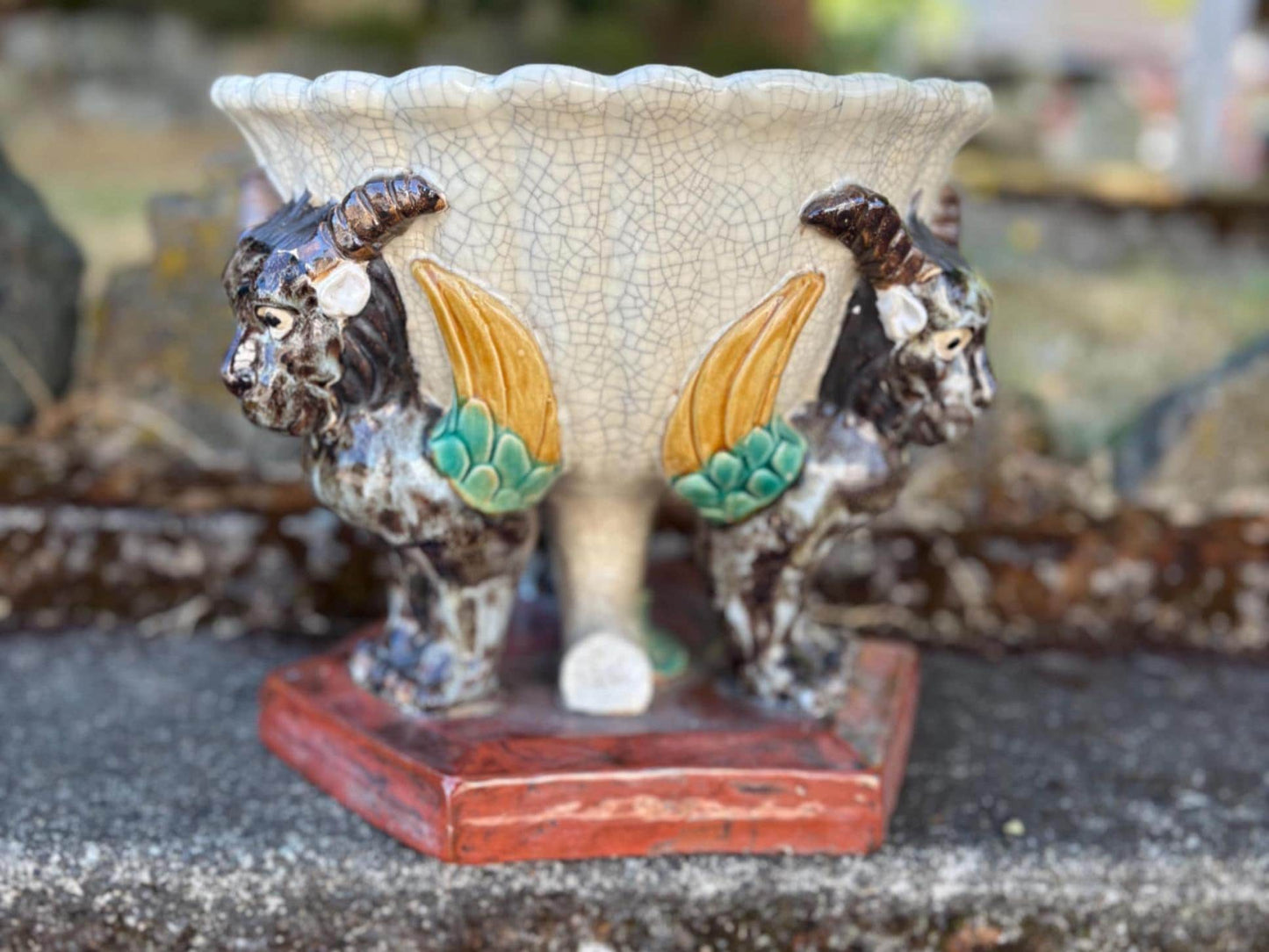 Stunning French majolica signed 19th century majolica bowl planter with goat motifs fabulous condition wow 11 x 11
