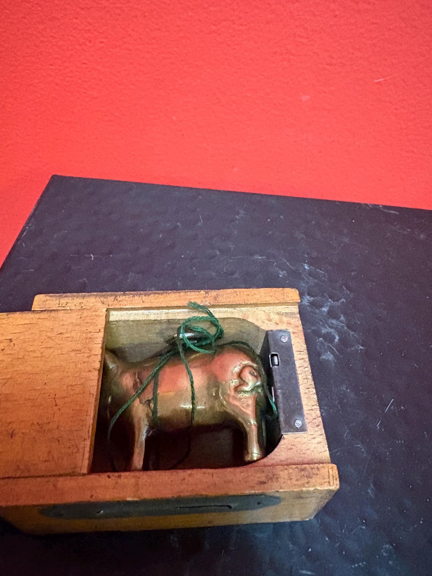 Very cool antique Piggy bank box with brass pig and original key so unusual and amazing box is 3 x 2 x 2 high