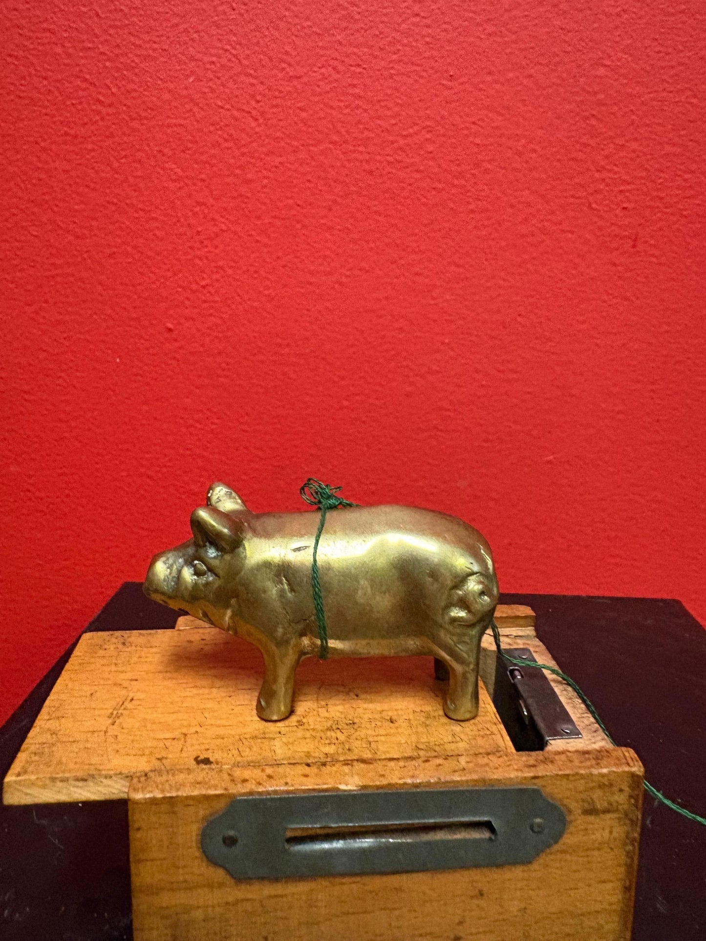 Very cool antique Piggy bank box with brass pig and original key so unusual and amazing box is 3 x 2 x 2 high
