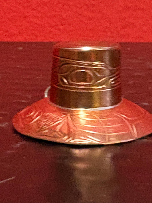 Beautiful Unusual indigenous first nations, pacific West Coast signed copper pendant in shape of a hat  1.5 inch wide by 1 inch high - wow