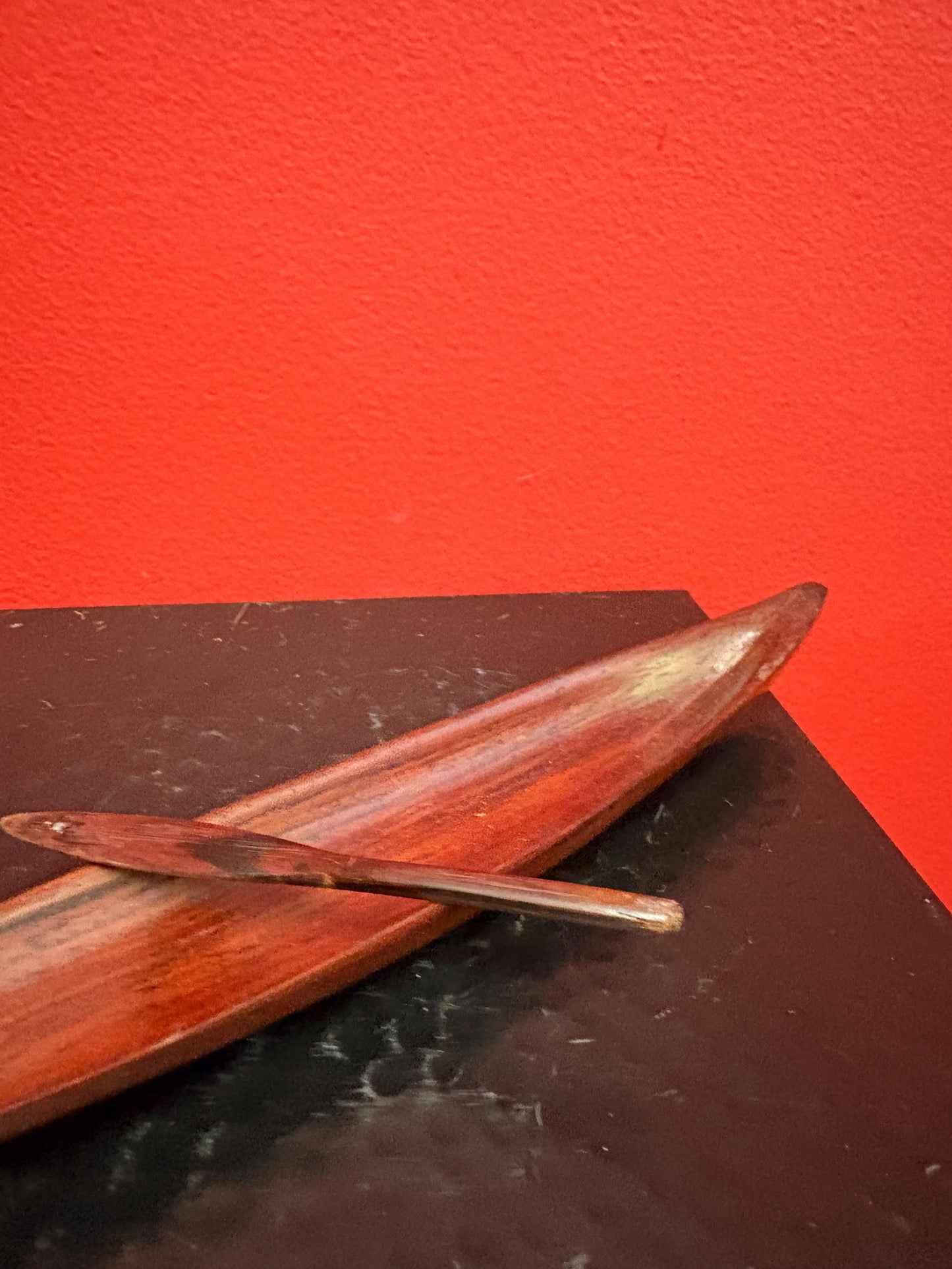 Lovely 10 inch  indigenous wooden model  canoe  simple and elegant with one paddle