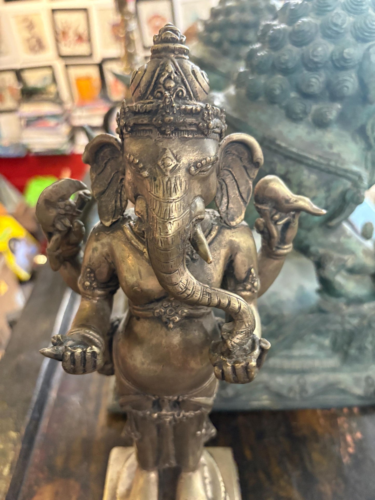Stunning vinatge silver metal heavy 13 x 4 inch wide Ganesh statue great condition and detail wonderful example - RS
