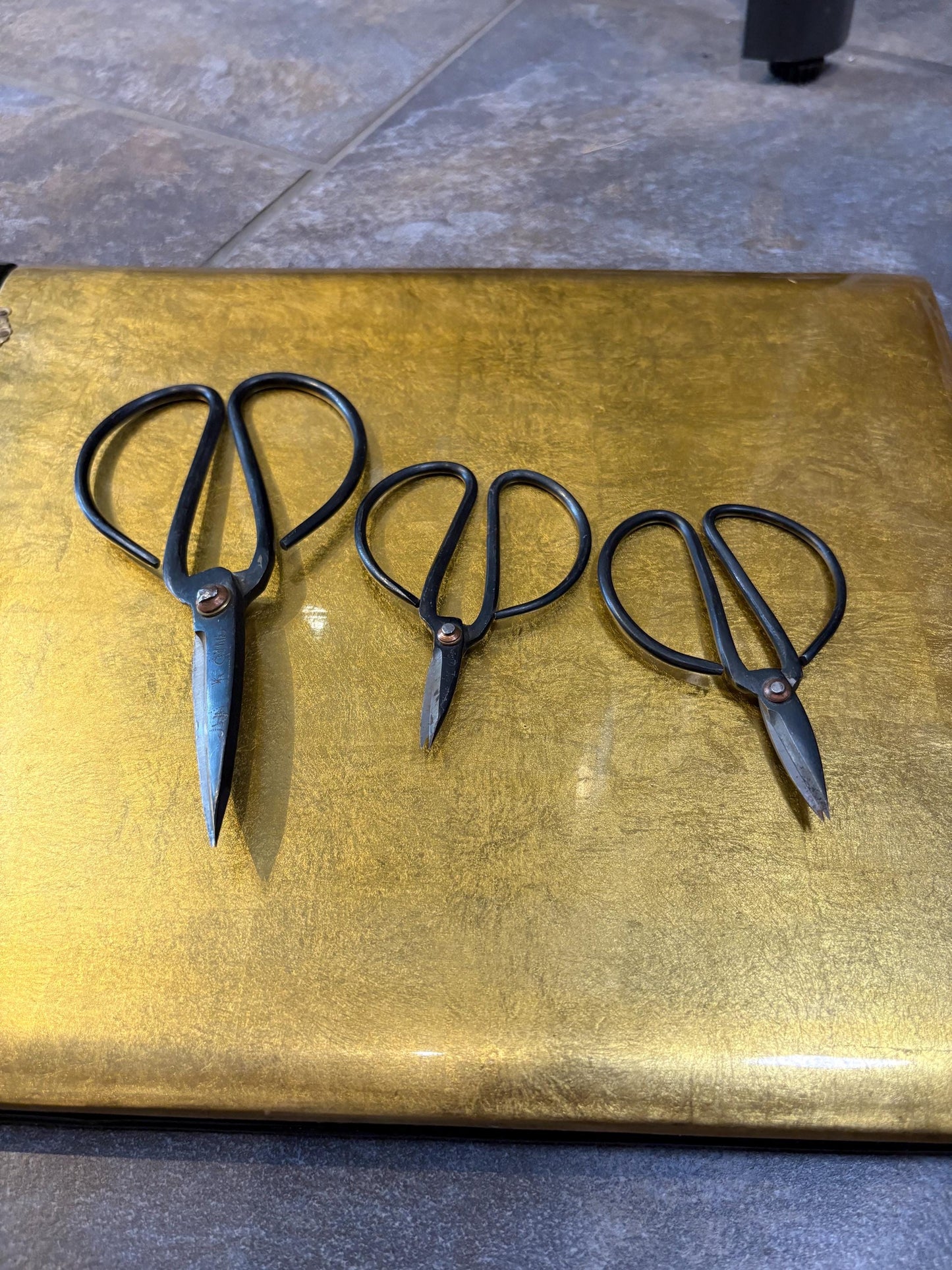 Fabulous lot of three Japanese antique bonsai scissors - good antique condition and largest signed 7 and 4 inches long