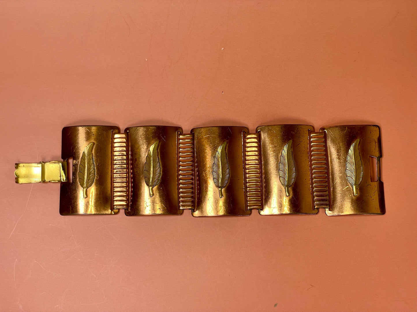Wide Metal Link Bracelet with Feather Imagery so cool