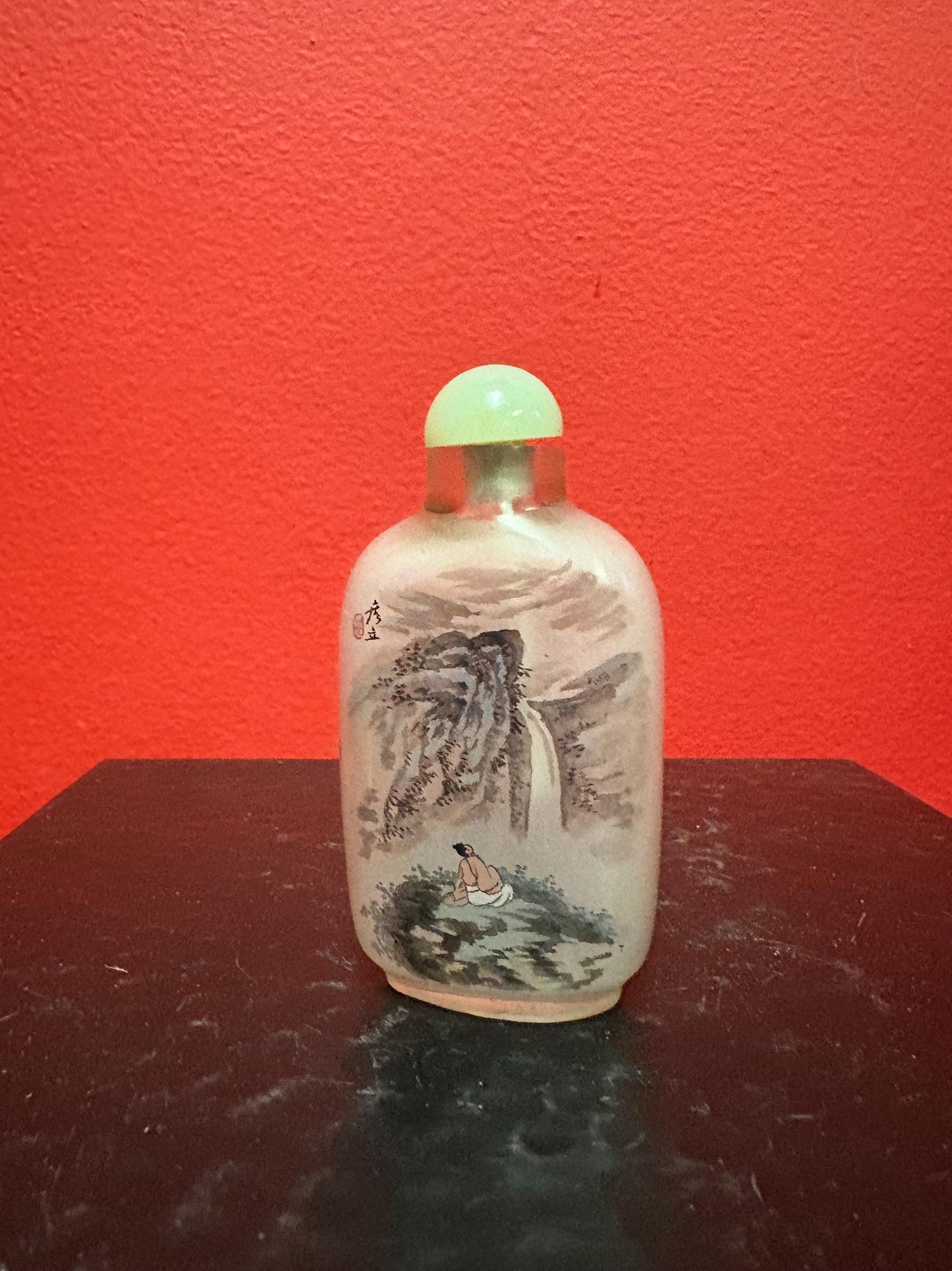 Lovely signed reverse painted Chinese snuff bottle with Jade top 3.5 inches tall great value - B