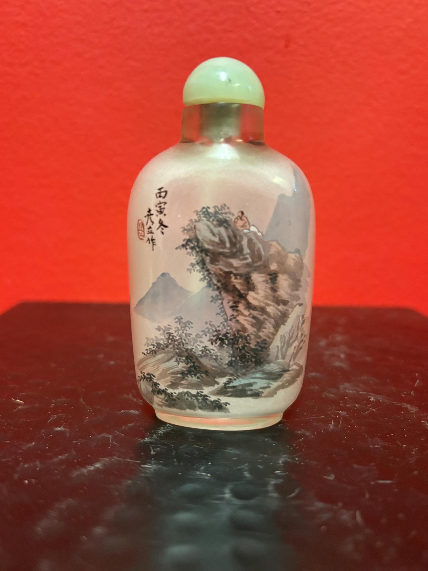 Lovely signed reverse painted Chinese snuff bottle with Jade top 3.5 inches tall great value - B