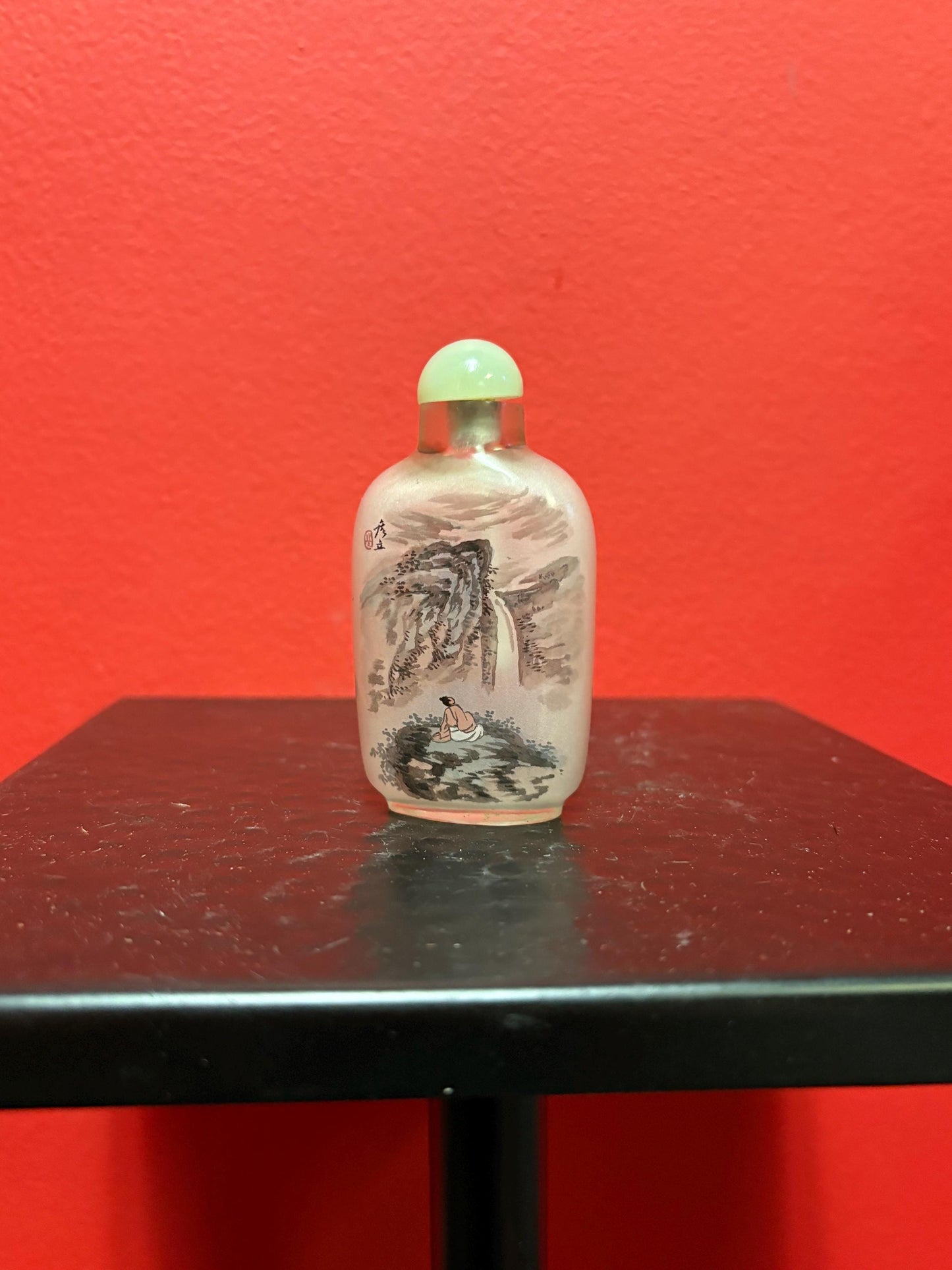 Lovely signed reverse painted Chinese snuff bottle with Jade top 3.5 inches tall great value - B
