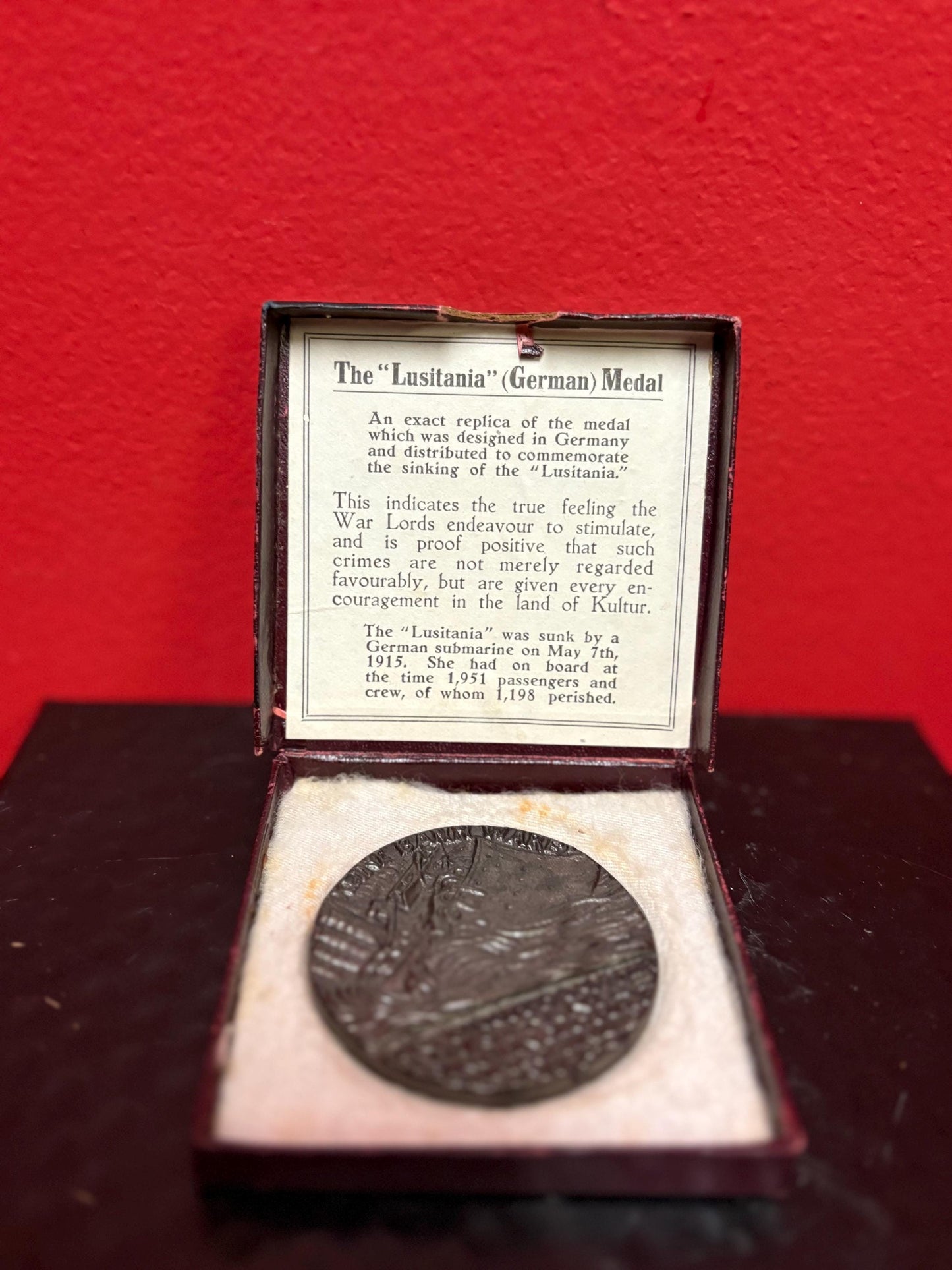Beautiful German naval bronze 2.5 inch medal celebrating the LUSITANIA with paperwork in original box German naval memorabilia
