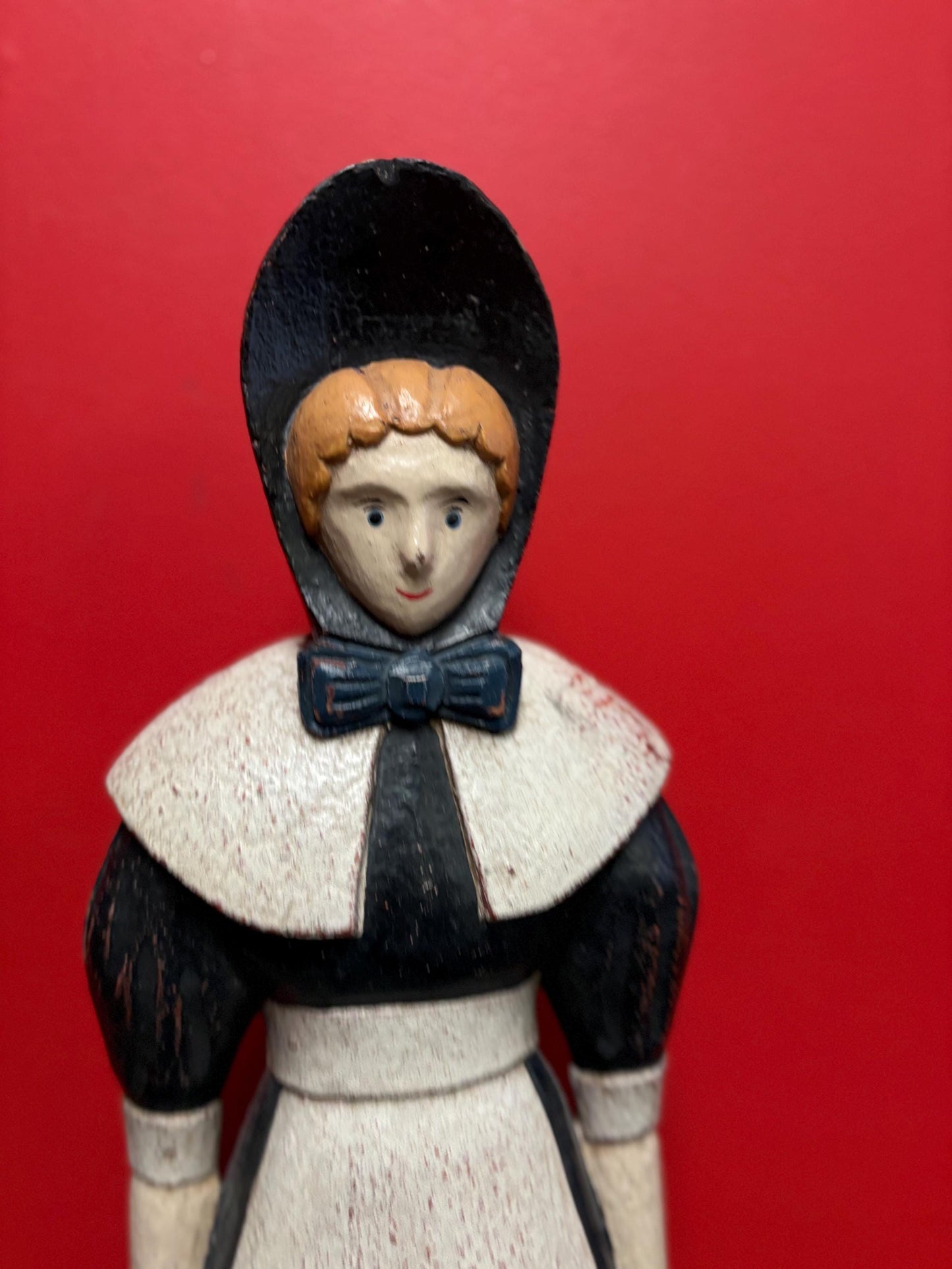 Beautiful older vintage heavy wooden folk art Amish statue of a woman approx 22 inches wow