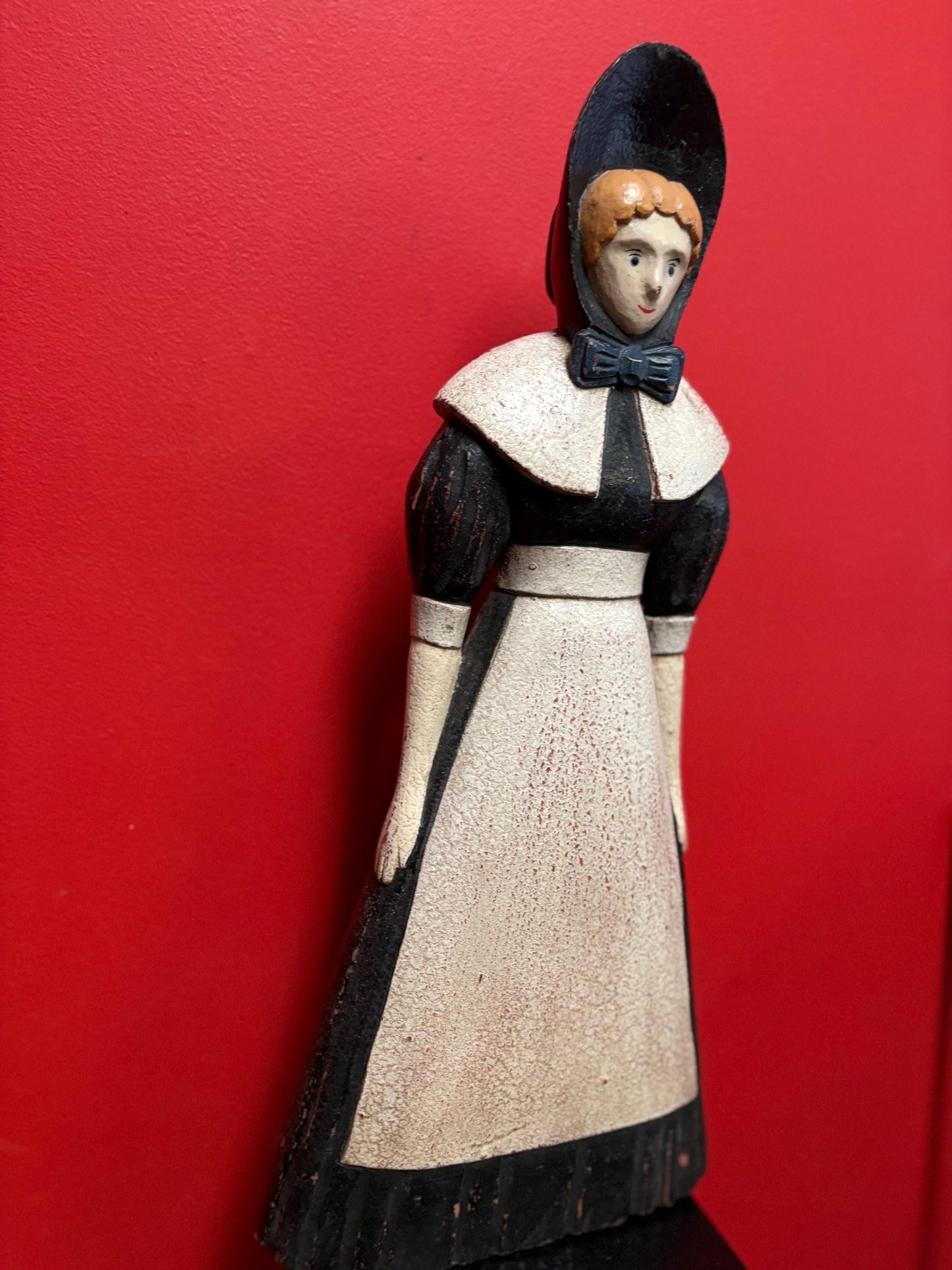 Beautiful older vintage heavy wooden folk art Amish statue of a woman approx 22 inches wow