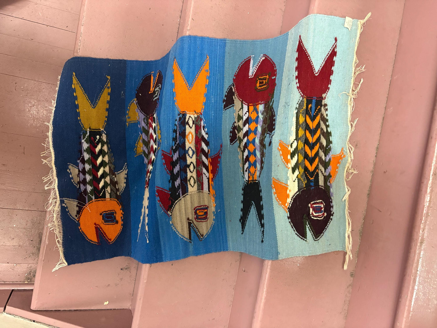 Beautiful Ecuador vintage hundred percent wool textile blanket or wall hanging 41 x 23 - edges frayed great value